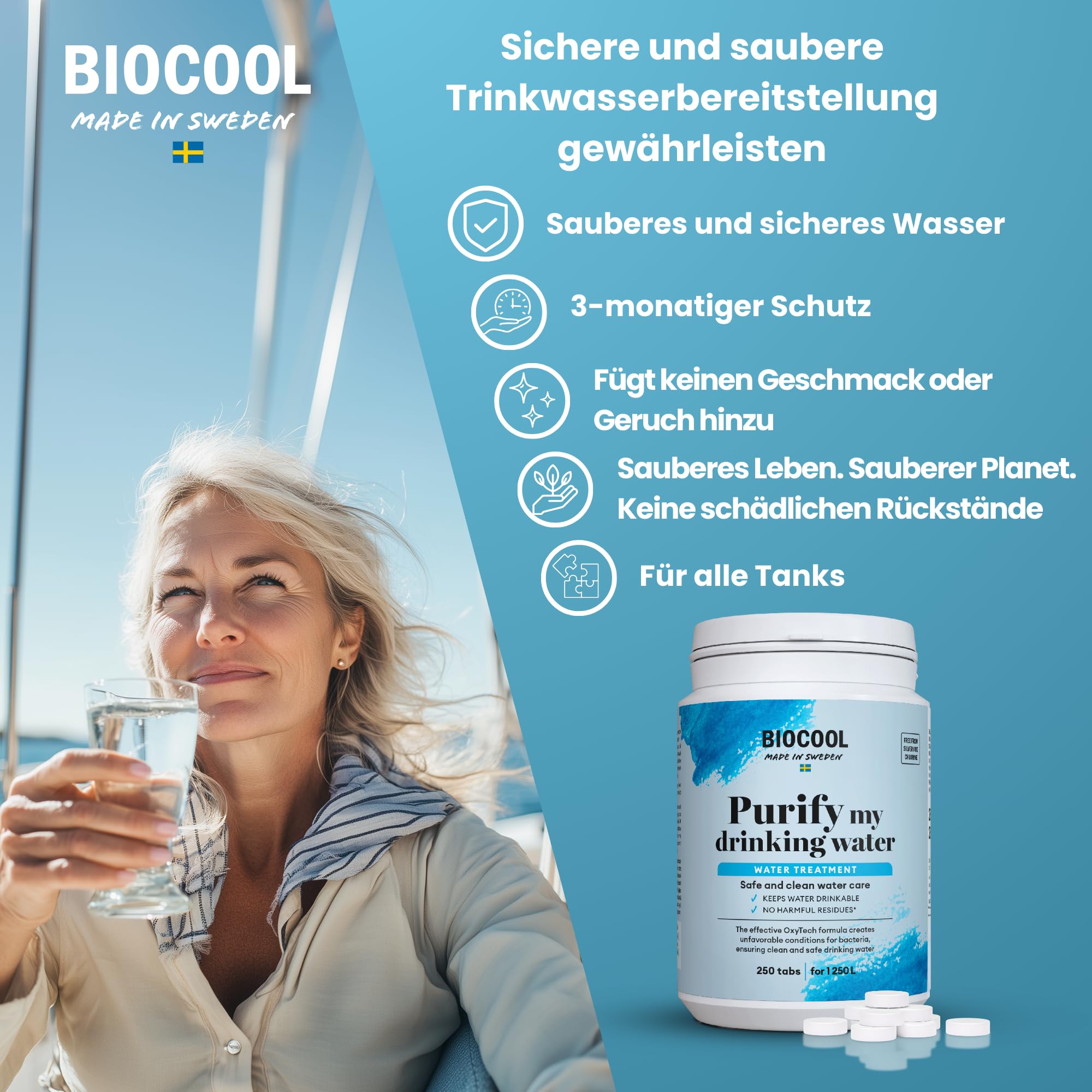 Biocool Wasserreinigungstabletten – Packung mit 250 Tabletten für bis zu 1.250 Liter Trinkwasser | Ideal für Camping, Wandern, Wohnwagen und Notfälle | 1 Tablette reinigt 5 Liter
