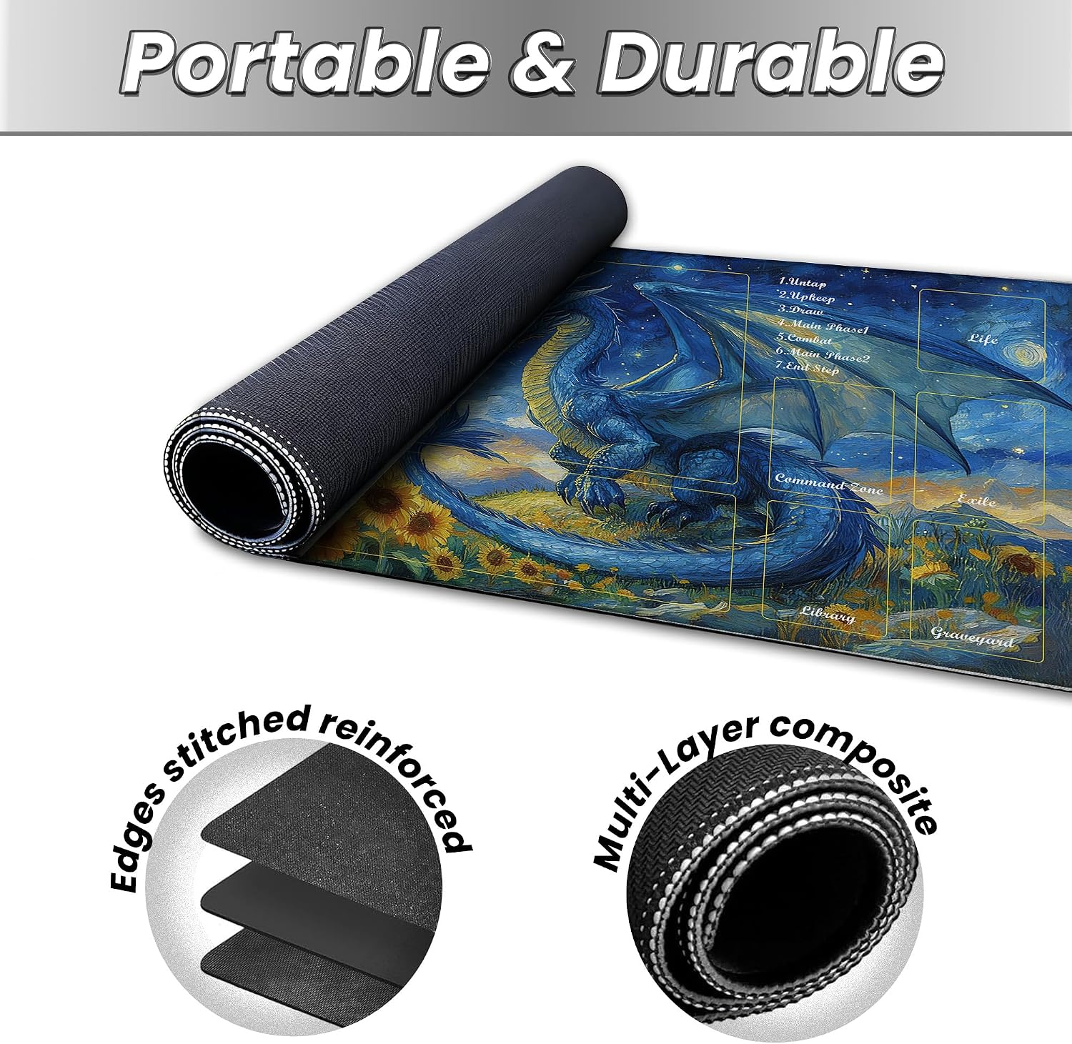 MTG Playmat, TCG Card Game Mat 24x14 Inch, Stitched Edge-Locking, Non-Slip Rubber Play Mat for Magic The Gathering, Trading Card Game Tabletop Mat (Van Gogh's Blue Dragon,with Zone)