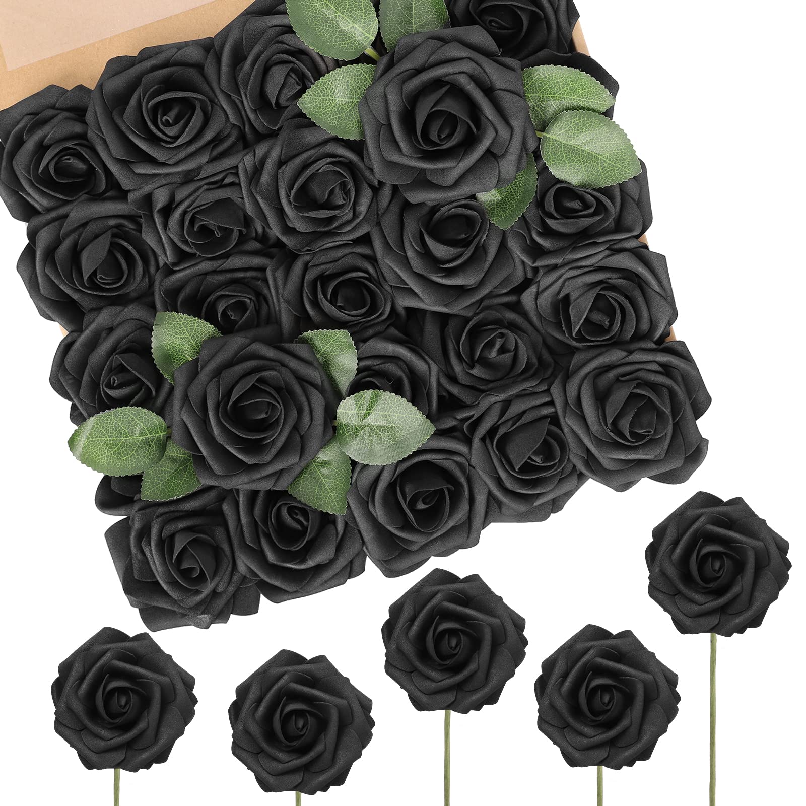Photo 1 of N&T NIETING Artificial Flowers Black Rose 50pcs Real Touch Flowers with Stems Perfect for for DIY Bouquets Wedding Party Baby Shower Home Arrangement Party Tables Decoration