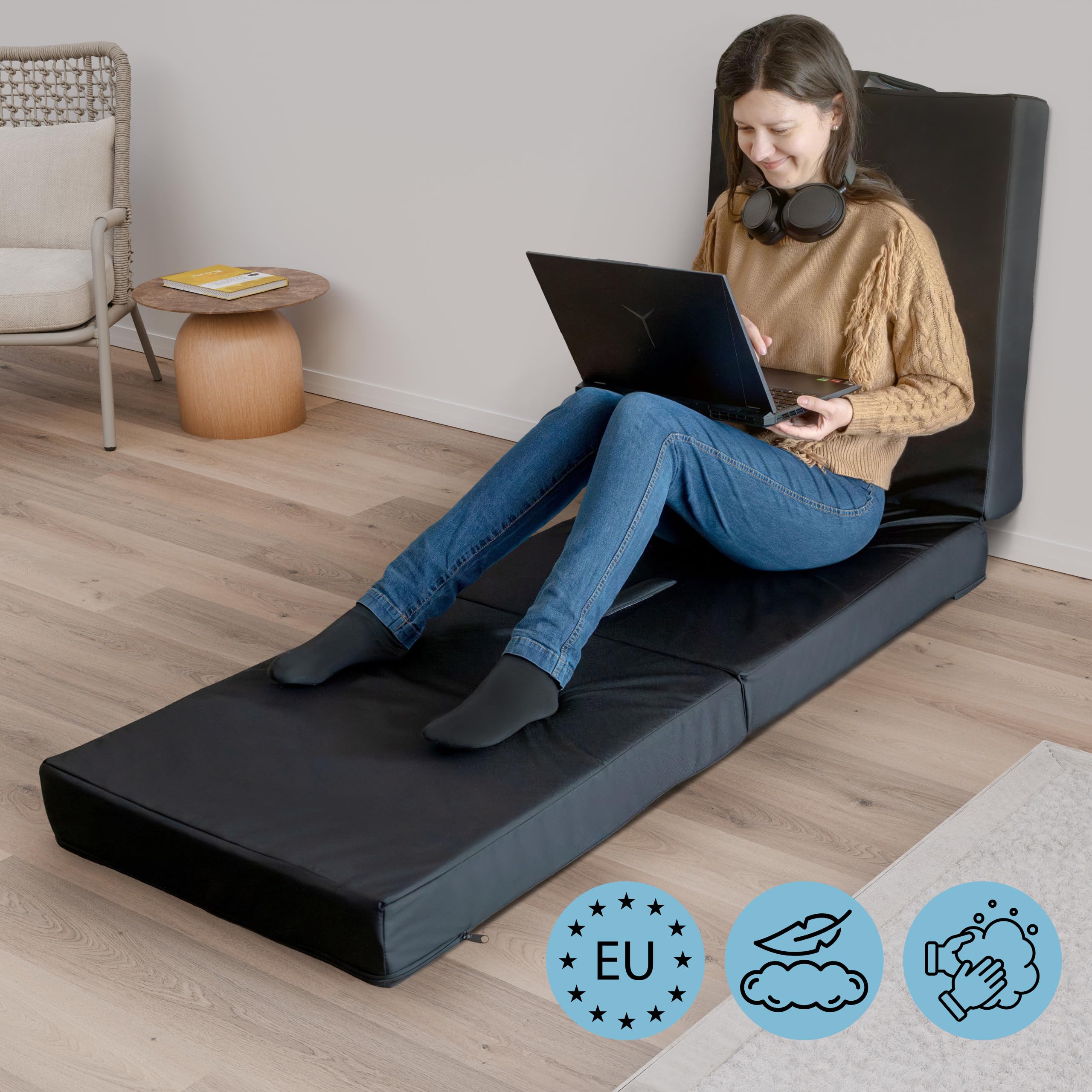 Materasso pieghevole in 3 pezzi, 200 x 60 x 10 cm, impermeabile, pieghevole, materasso per ospiti, materasso pieghevole, materasso da campeggio (nero)