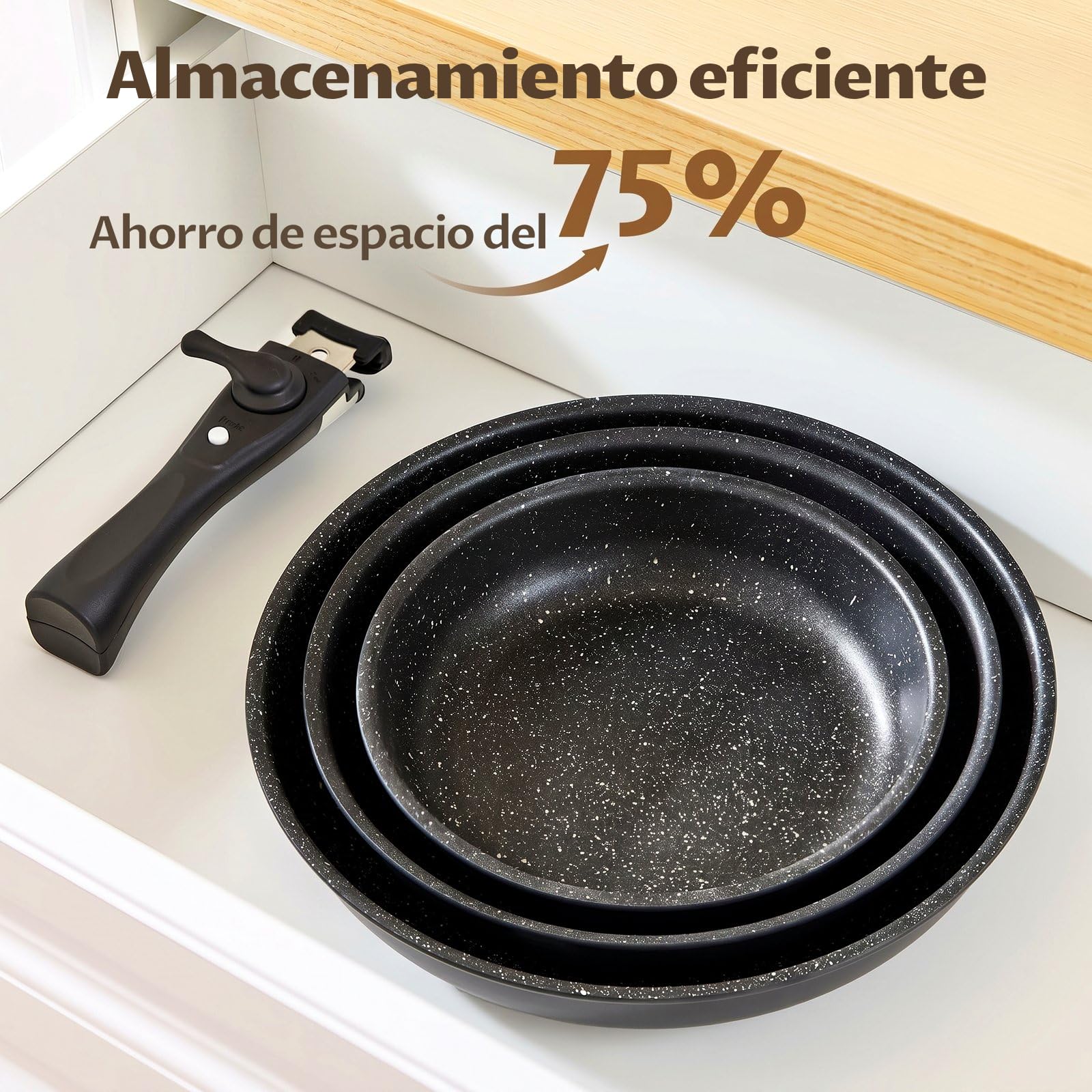 Fadware Juego de Sartenes Antiadherentes con Mango Extraíble, Sartenes para Inducción y Todo Tipo de Cocinas, Apilables para Ahorrar Espacio en Cocinas Pequeñas y Campers, Aptas para Horno hasta 230°C | Sartenes para Todo Tipo de Fuegos, Apilables para Ah