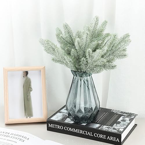 Miniatura 5 de Agujas de pino artificial esmerilado, ramas de Navidad, picas de pino nevado falsas, ramitas de invierno, tallos de vegetación para árbol de