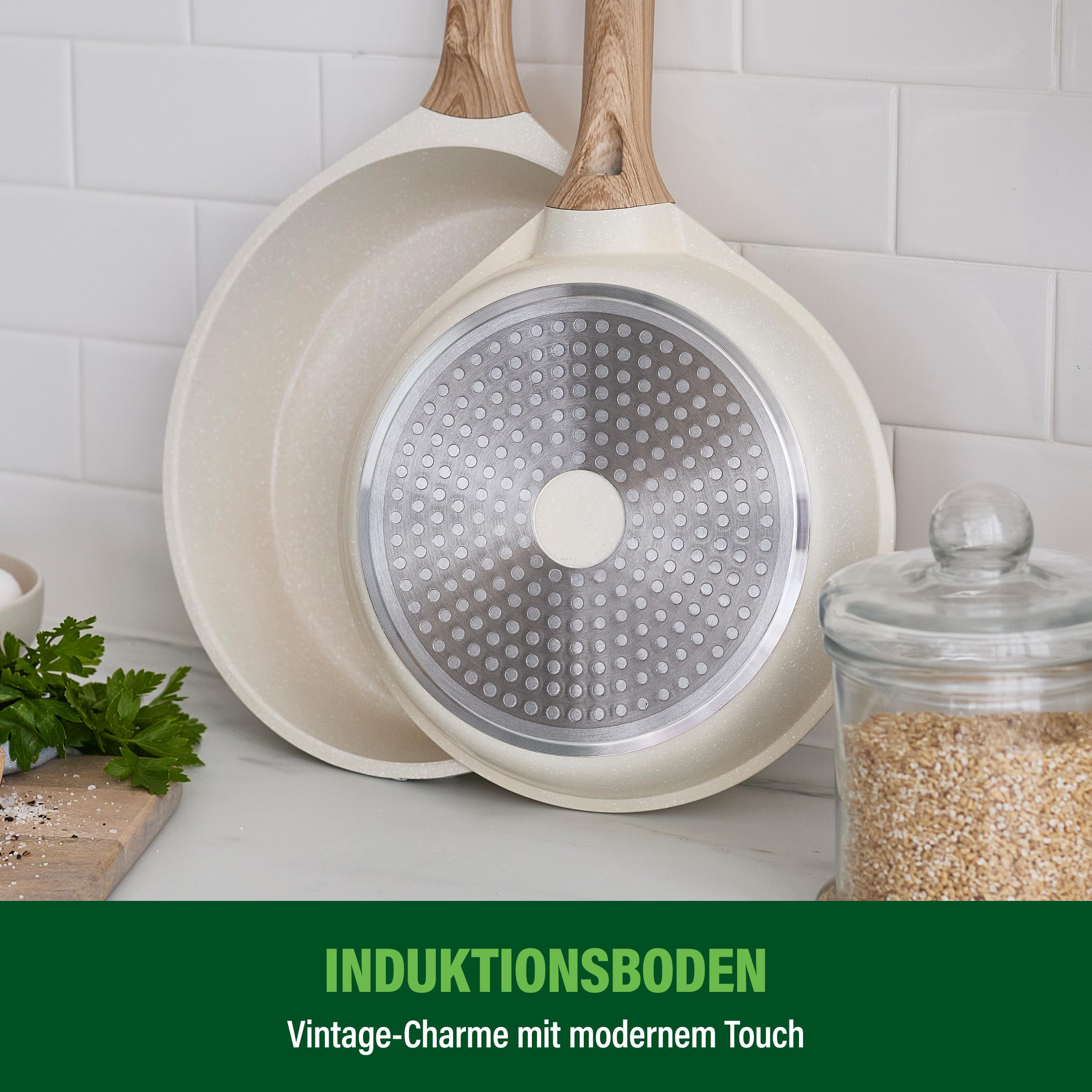 GreenChef Arte Keramik-Antihaft-Pfannenset, 2-teilig, 24 cm & 28 cm, PFAS-frei, induktionsgeeignet, Holzgriff, cremefarben