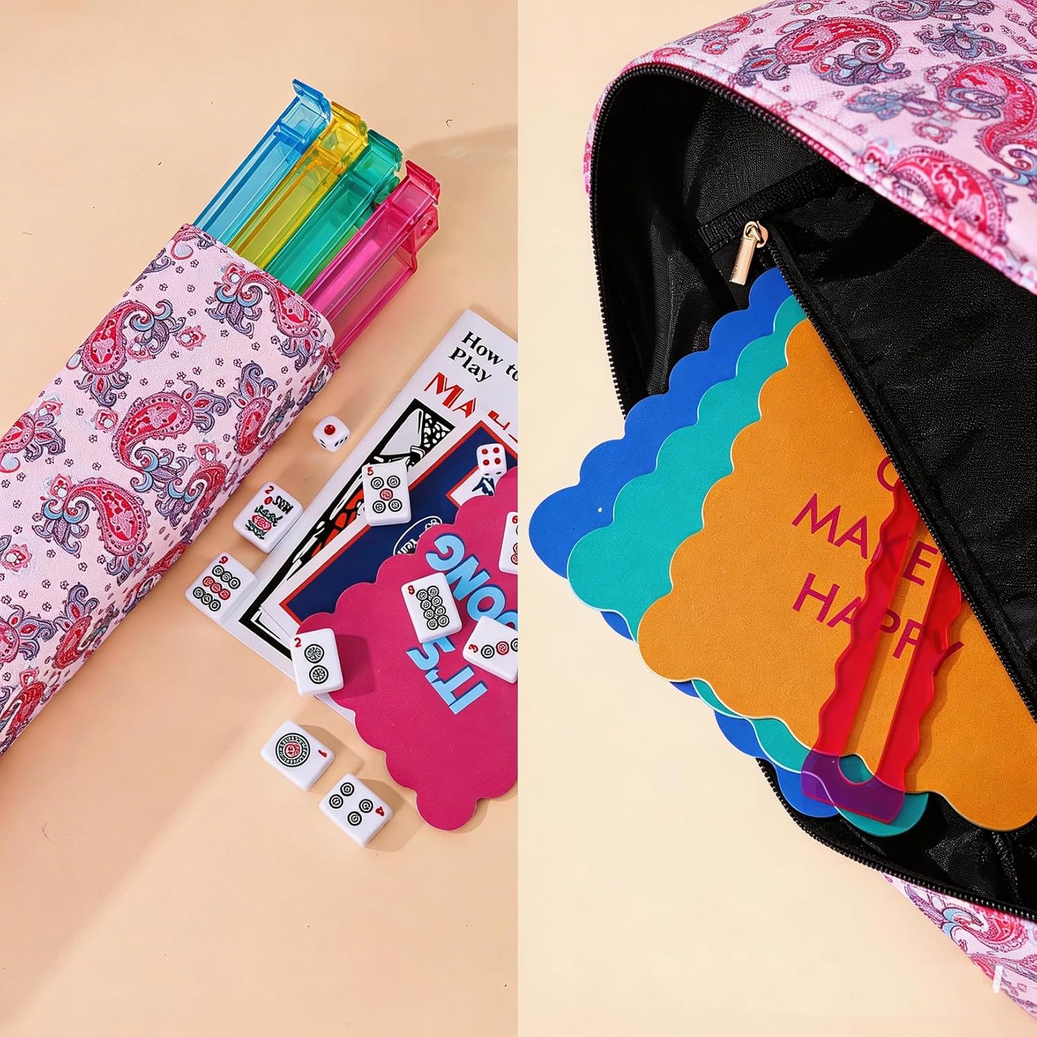 Mahjong Tote Bag for Tiles Racks & Pusher - Pink Printed Empty Mahjong Bag Set, Stylish Gift Bag for Girls’ Night & Post-Brunch Games (Case Only)