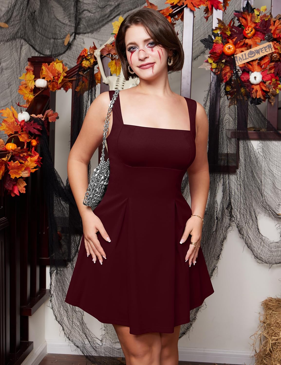 YMDUCH Women's Sexy Sleeveless Square Neck Adjustable Straps Bow Tie A-line Mini Party Club Dress - Image 9