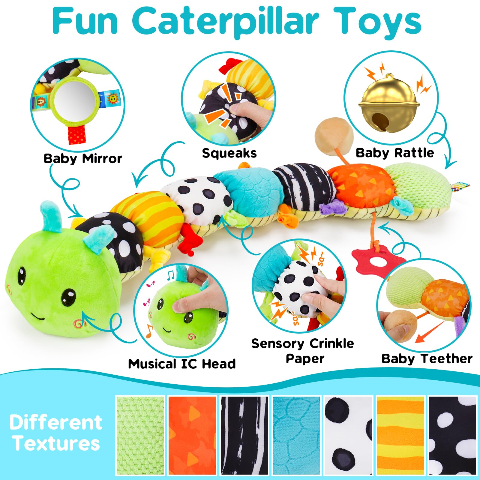Baby Spielzeug 0 3 6 Monate Musical Raupe Kuscheltier mit Greifling Rassel Baby Spiegel Spielzeug, Baby Stofftier Sensorik Spielzeug, Neugeborenes Junge Mädchen Kinder Weihnachten Geschenk