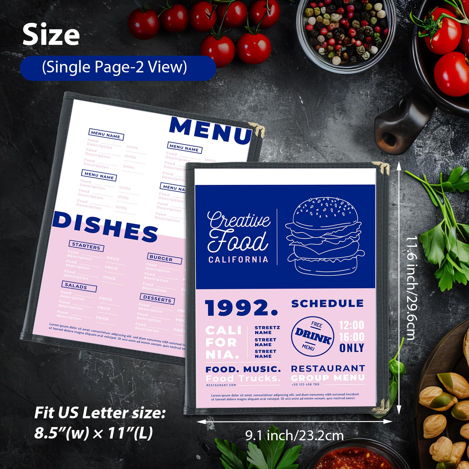 FLKQC 12 Pack Menu Covers, 4 Page 8 View Transparent Menu Holders, 8.5 x 11 Inch Menu Sleeves, Menu Books Fits A4 Size Paper, Perfect for Restaurants, Bars, Cafes, and Office Use