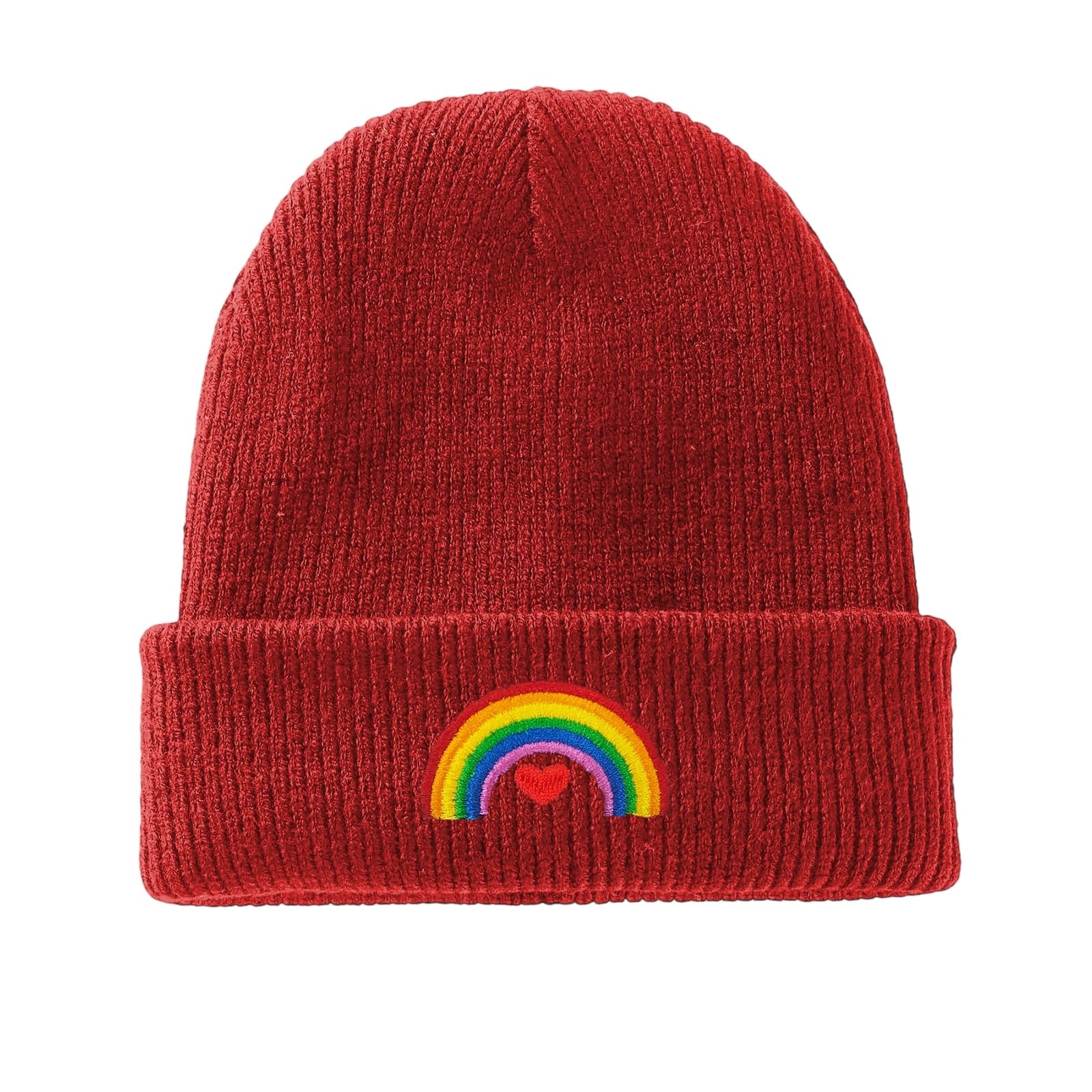 Yuaoeur Unisex Red Rainbow Pride Beanie Hat Stretchy Soft Cuffed Wooly Skull Cap With Thick Warm Lining, Winter Hats (Red)