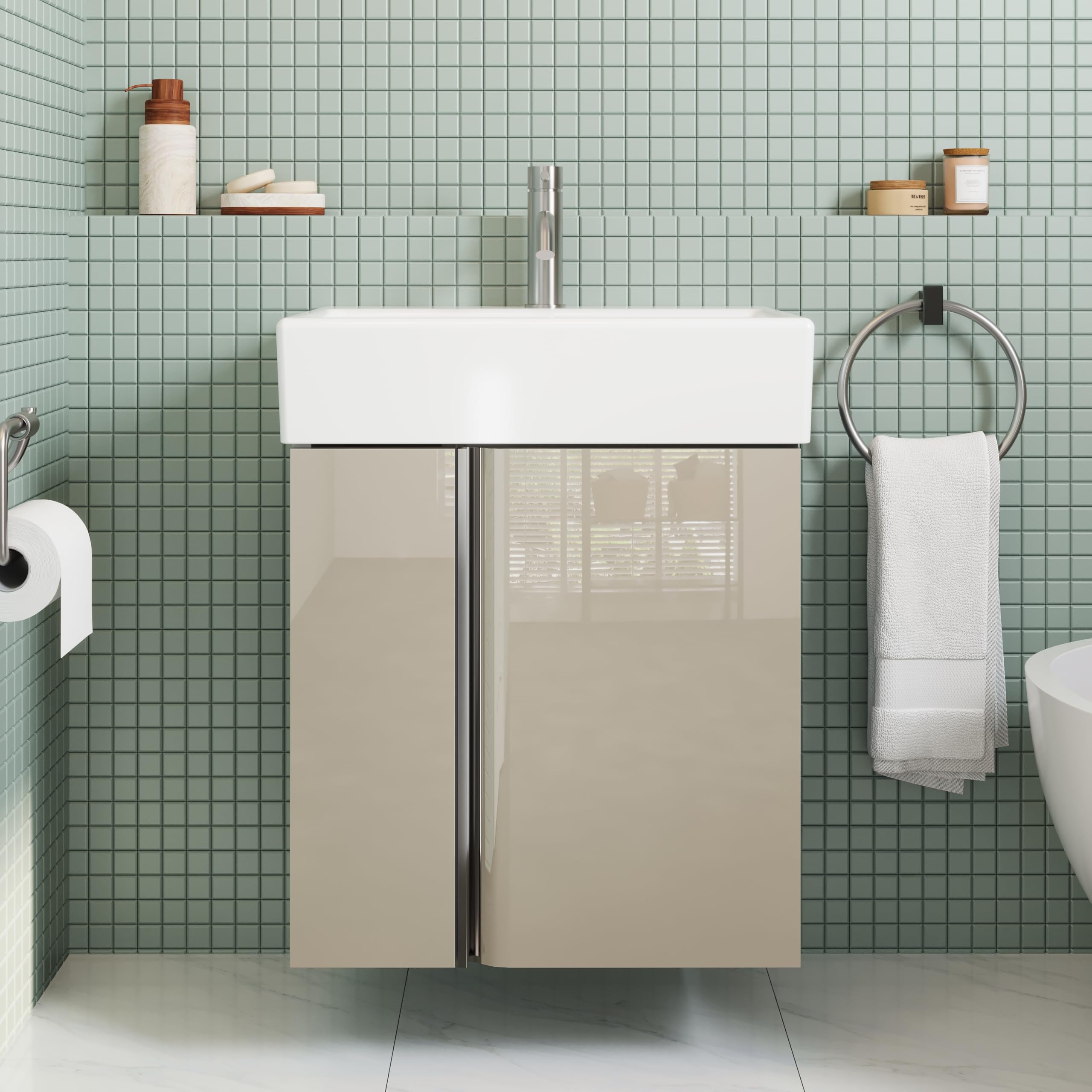 Mobiletto Da Bagno Da 50 cm Con Lavabo in Ceramica Per Wc Ospiti, Mobile Compatto Per Piccoli Spazi, Tortora Lucido
