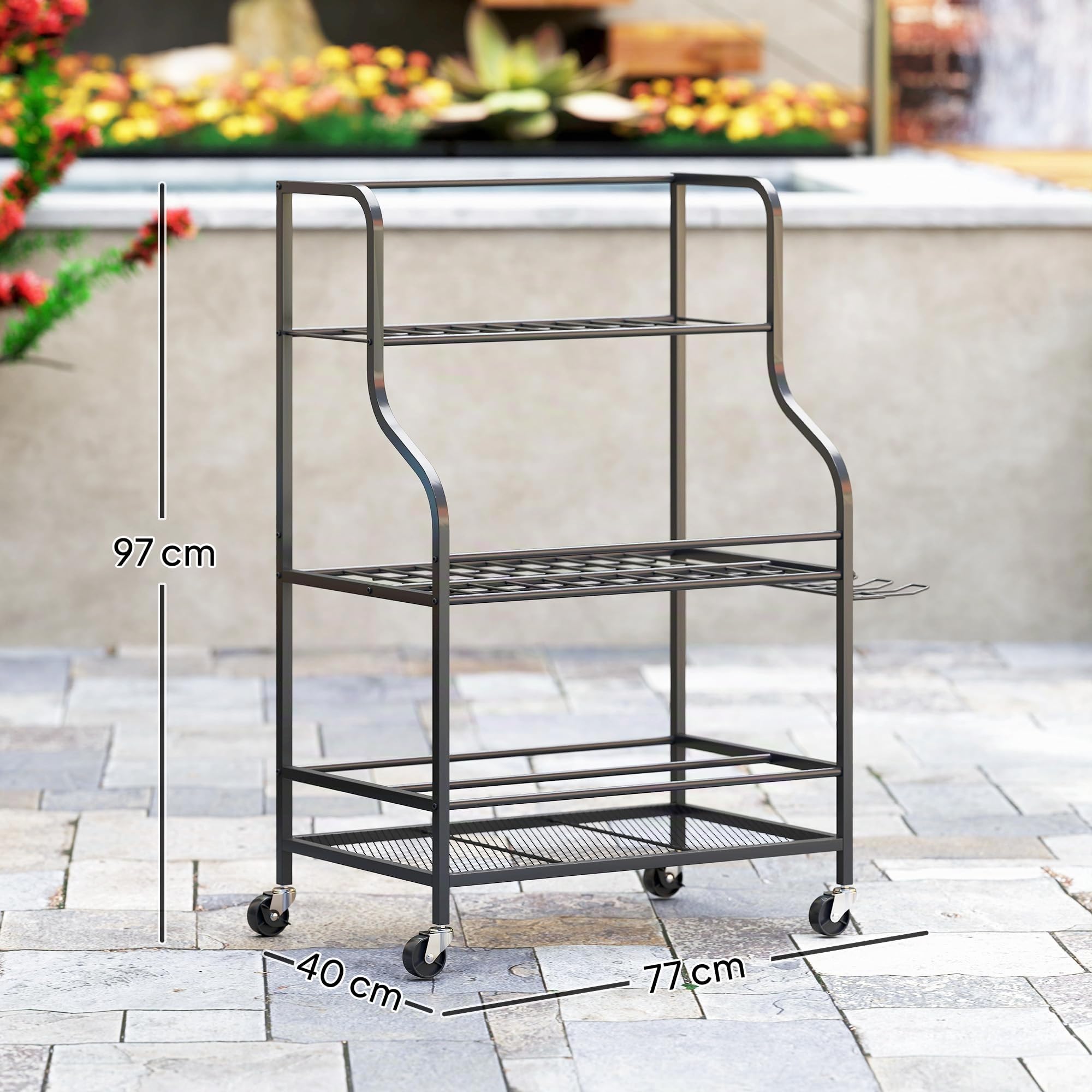 Outsunny Gartenwerkzeug-Organizer 3-stufig mit Haken 77x40x97cm Schwarz | Gartengeräte Ständer, Gartenwerkzeugständer, bis 40 kg belast, Gerätehalter, Mehrzweck Besenhalter, für Garage, Schuppen
