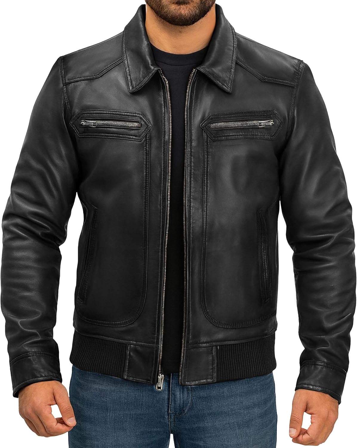Mens Leather Jacket - Classic Shirt Collar Style Real Lambskin Leather Motorcycle Jacket - Leather Bomber Jacket Men - Image 8