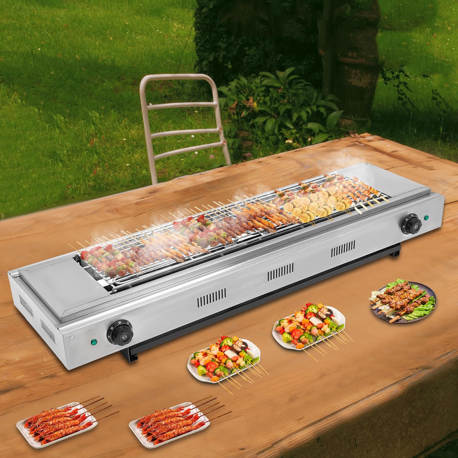 Countertop Electric BBQ Grill, 3000W Stainless Steel Barbecue Griddle with Dual-head Rotary Knobs for Commercial and Home Use, 122-572°F Adjustable Temperature (Silver)