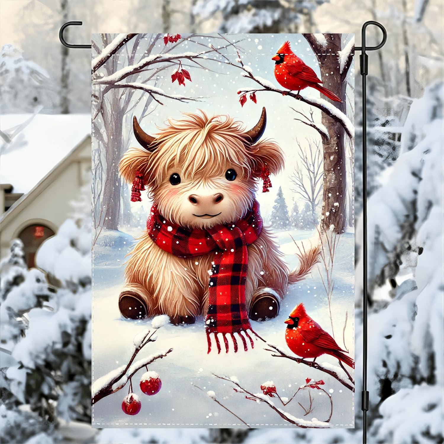 Highland Cow Garden Flag 12x18 Inch Winter Double Sided Flag with Red Cardinal and Snow Scene, Outdoor Farmhouse Holiday Yard Decor - Image 2