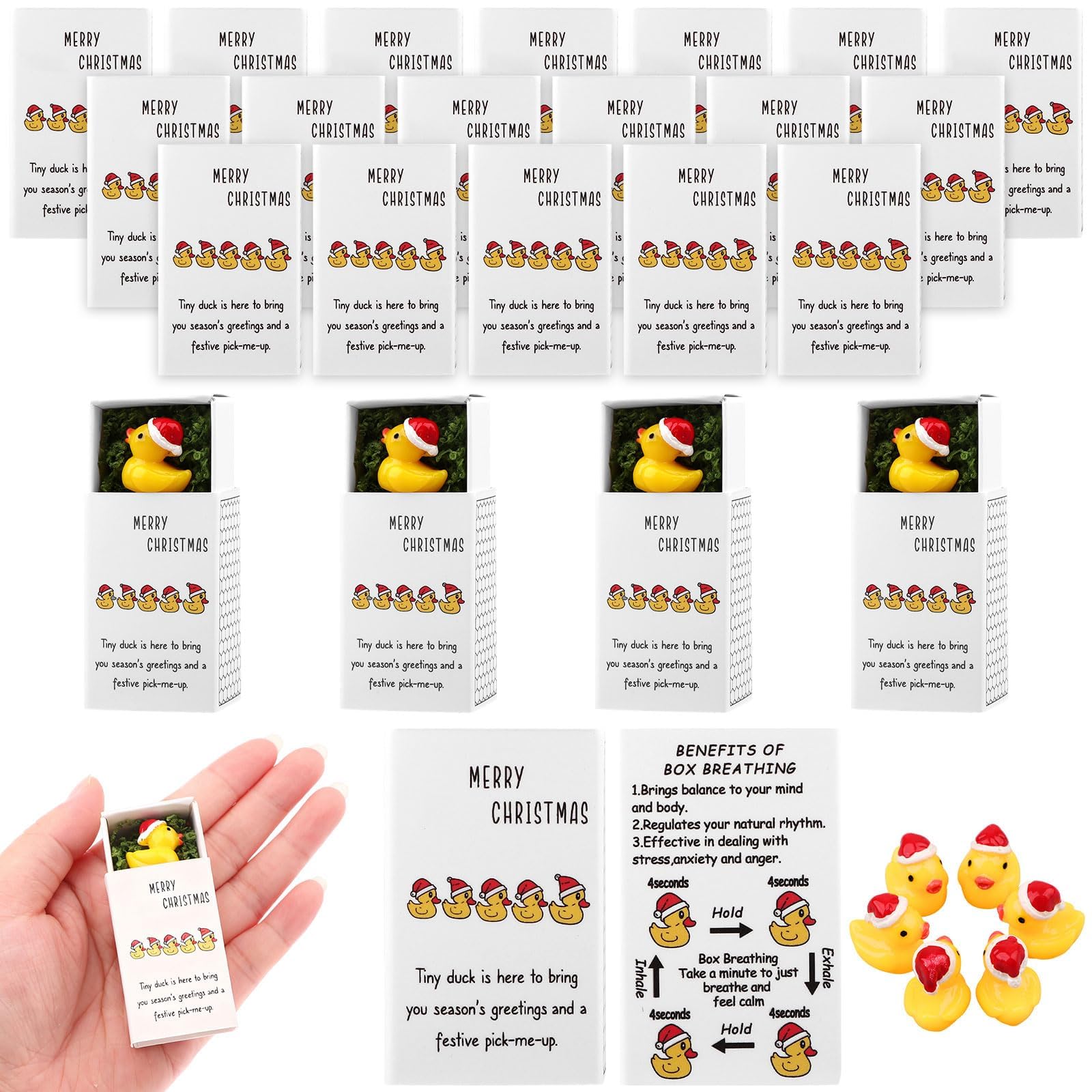 30 Sets Christmas Employee Appreciation Gifts Bulk Inspirational Mini Yellow Resin Ducks Christmas Greeting Card Boxes Small Desk Duck Pets Xmas Party Favors for Coworkers Teacher Nurse Team