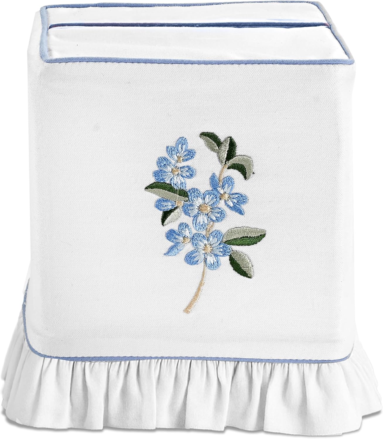 Ridhi Embroidered Blue Floral Premium 400 TC White Cotton Tissue Box Cover with Velcro Closure Soft Decorative Napkin Holder for Kitchen Living Room Dinning Gift for Valentine, Spring, Easter