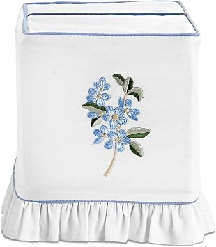 Ridhi Embroidered Blue Floral White Cotton Tissue Box Cover with Velcro Closure Soft Decorative Napkin Holder for Kitchen Living Room Dining Gift for Spring, Summer