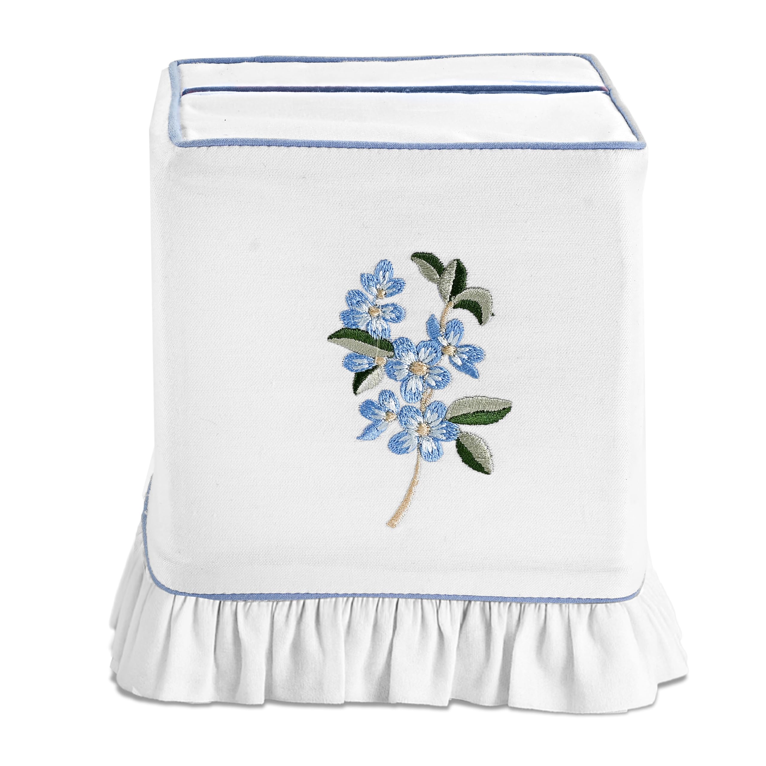 Ridhi Embroidered Blue Floral Premium 400 TC White Cotton Tissue Box Cover with Velcro Closure Soft Decorative Napkin