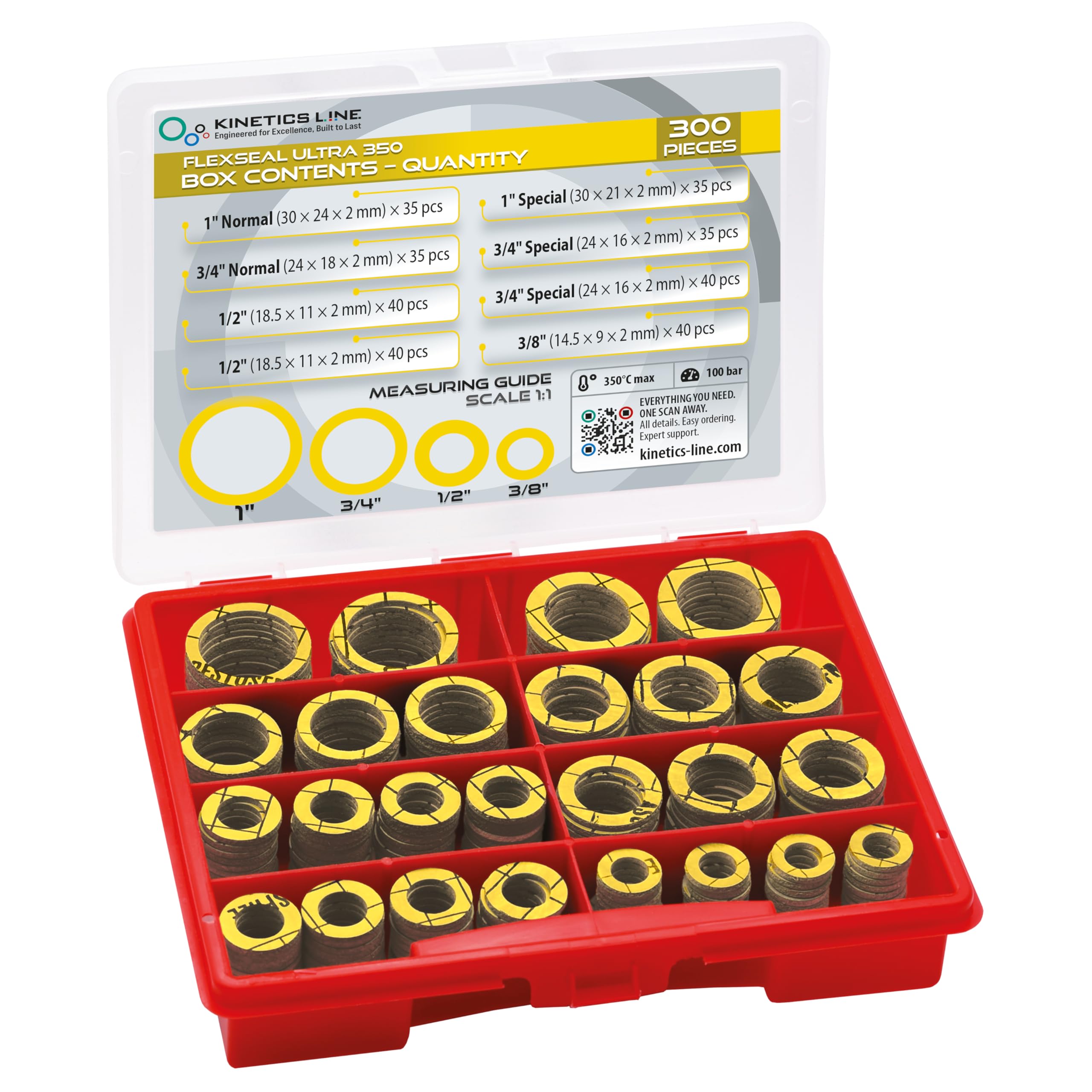 Juego De Juntas Planas De Estanqueidad Flexibles 300 Piezas – Surtido De Juntas De Brida 3/8–1 Pulgada – Alta Temperatura 350°C 100 Bar – Para Gas Agua Caldera Calefacción
