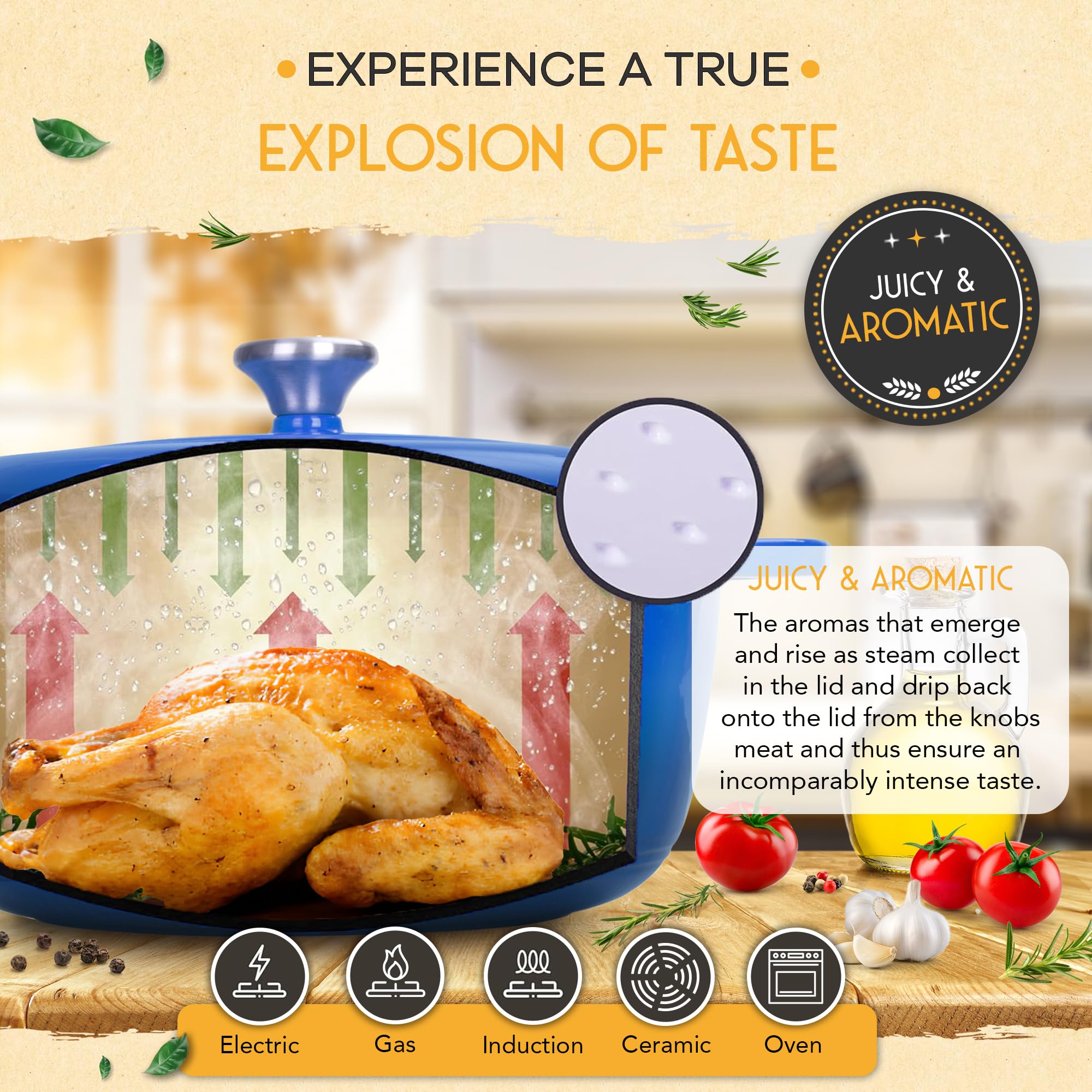 Crovora Pentola da forno olandese in ghisa smaltata da 6 litri con coperchio (blu)