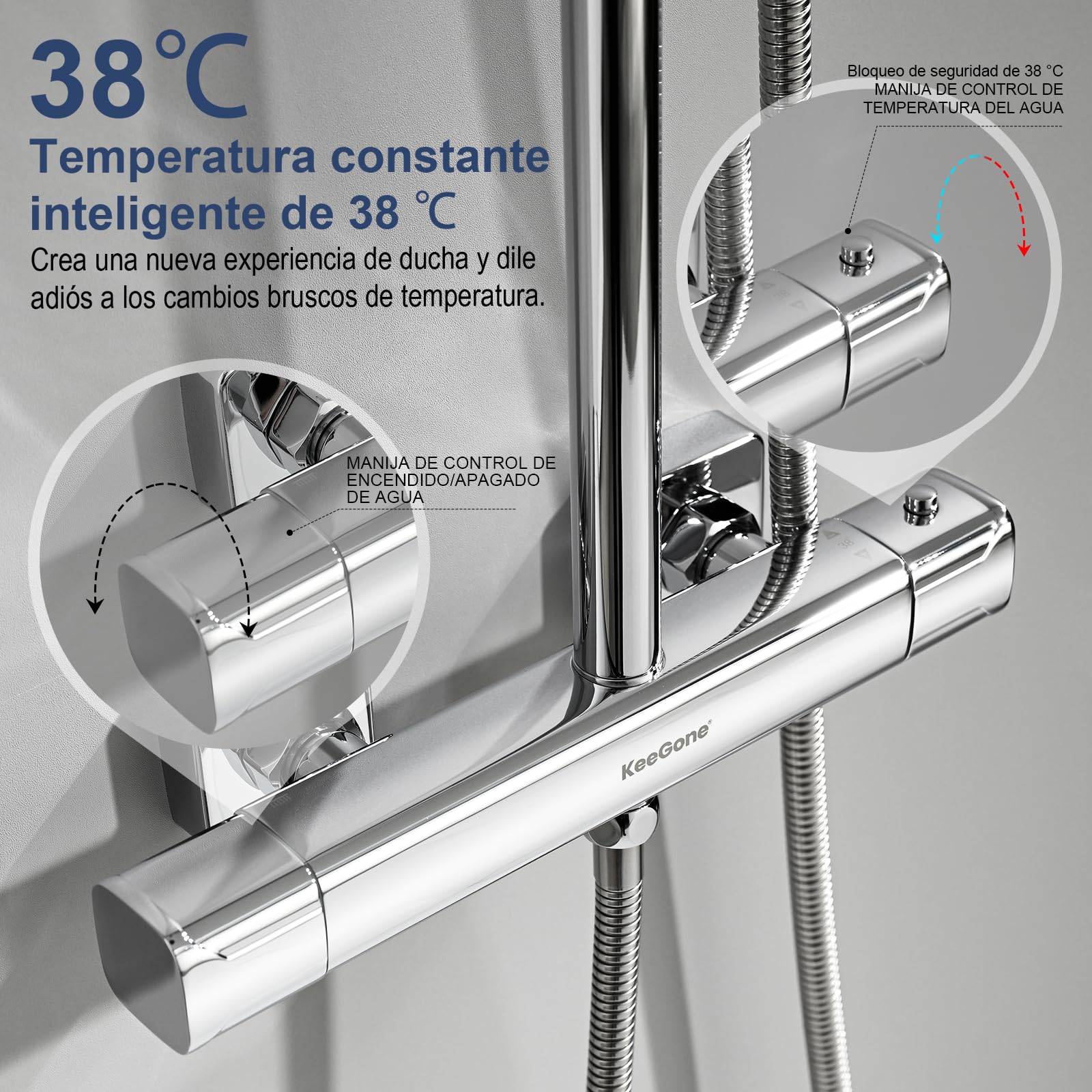 Sistema de ducha con termostato ducha de lluvia de acero inoxidable ducha de mano de 25 cm 3 tipos de chorro juego de grifería de ducha altura ajustable con protección anti-escaldaduras