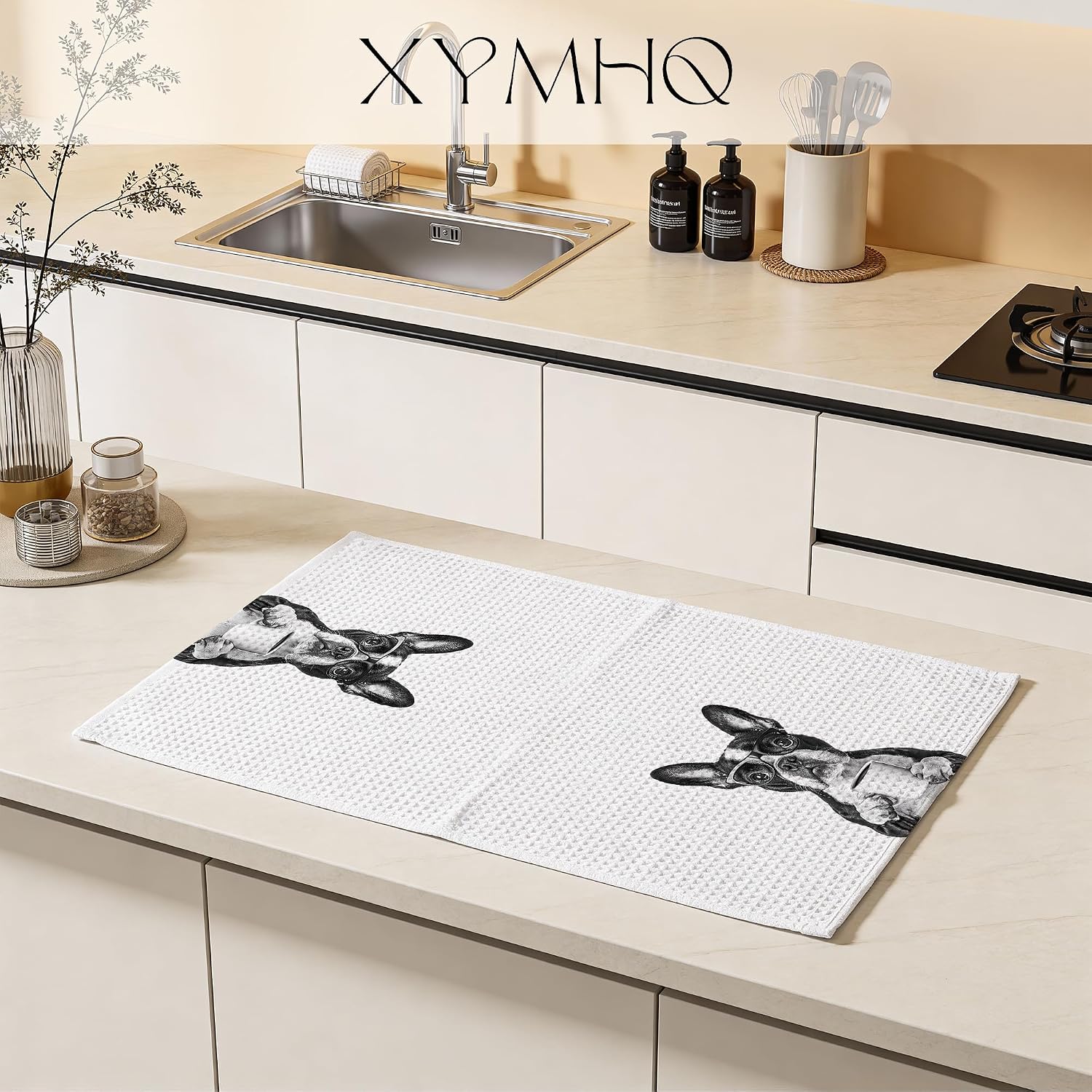 Funny French Bulldog Gifts Decorative Hand Towels for Kitchen Coffee Bar Station, Frenchie Gifts for Women Men, Black and White Coffee Dog Kitchen Dish Tea Towels, 16x24 Inch image 3