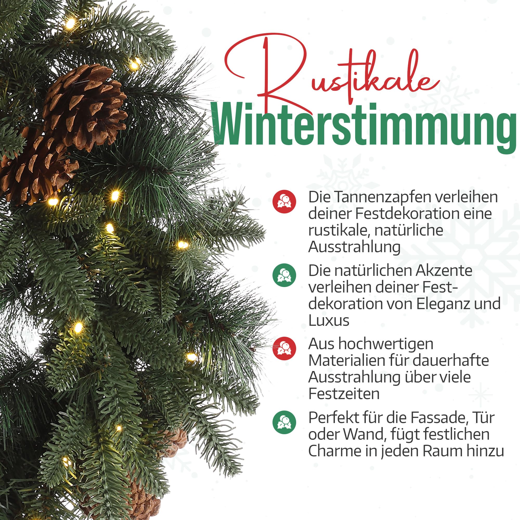 MeisterHome ® Künstlicher Weihnachtskranz Adventskranz für Tür Ø 50 cm - Weihnachtlicher Türkranz für Innen und Außen mit 35 LEDs, Timer und Kiefernzapfen-Beeren-Dekoration + Goldfarbener Aufhänger
