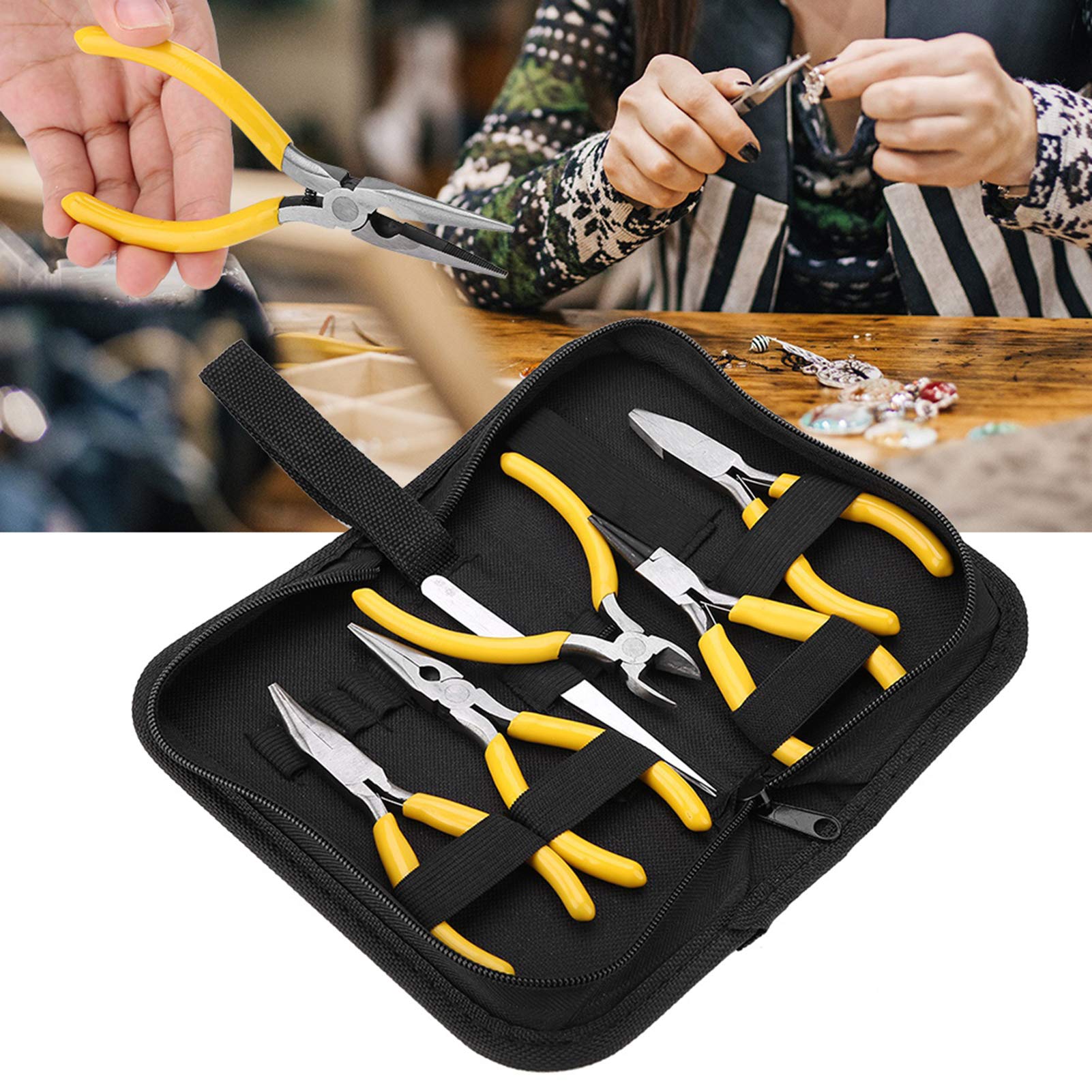 Set di Pinze per Gioielli - Kit di Strumenti Professionali da 5 Pezzi, Set di Perline Tonde con Naso Piegato, Kit Fai-da-Te per la Fabbricazione