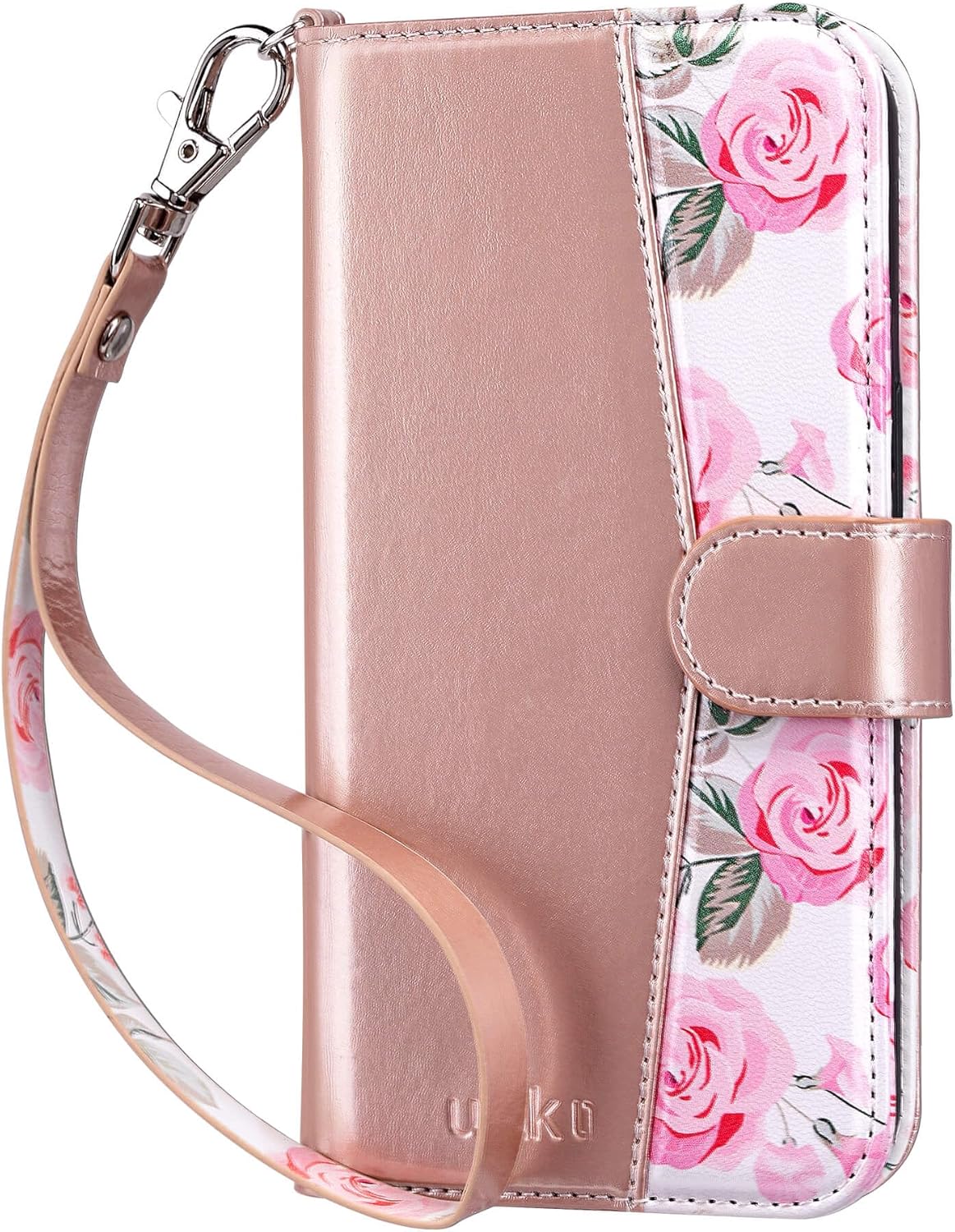 ULAK Compatible with iPhone 15 Pro Wallet Case with Card Holder, Flower Flip Case Wallet for Women Girls PU Leather Kickstand Wrist Strap Shockproof Phone Cover for iPhone 15 Pro 6.1'', Rose Gold - Image 9