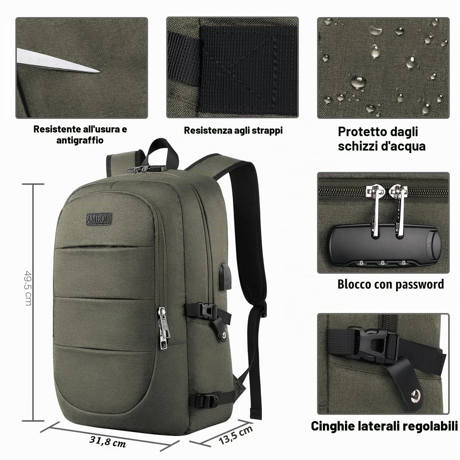 AMBOR 17,3'' Zaino da Viaggio, Zaino Porta PC con Porta USB di Ricarica | Resistente All'Acqua Antifurto Zaino Viaggio Da Uomo Con Scomparto Per Notebook, Multifunzionale Per Lavoro, Studio, Volo