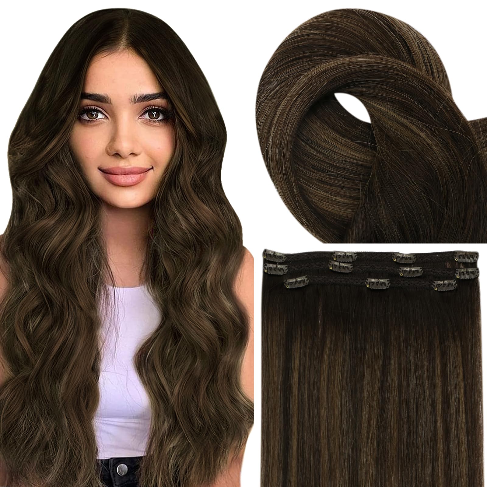 Fshine Extension Capelli Clip 35.5cm 50g 3pcs Castano Scuro Con 8 Castano Medio e 2 Marrone Scuro Estensioni a Doppia Trama Dei Capelli Umani Clip in Capelli Umani Veri Capelli Umani
