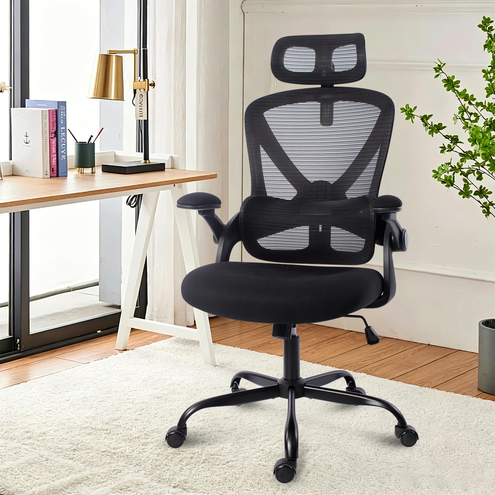 Silla de Oficina Ergonómica con Soporte Lumbar Ajustable, Reposabrazos 3D, Reposacabezas 2D, Silla Escritorio de Malla Alta Giratoria para Hogar y Oficina Estudio Gaming，Negro