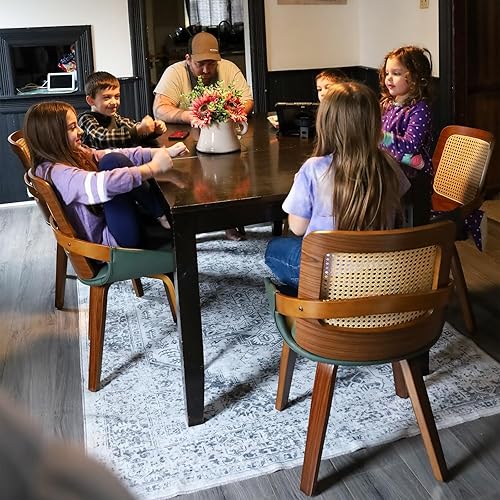 Miniatura 5 de Juego de 4 sillas de cocina y comedor, sillas de comedor verdes con marco de madera curvada de nogal, respaldo ergonómico de ratán, brazos curvos,