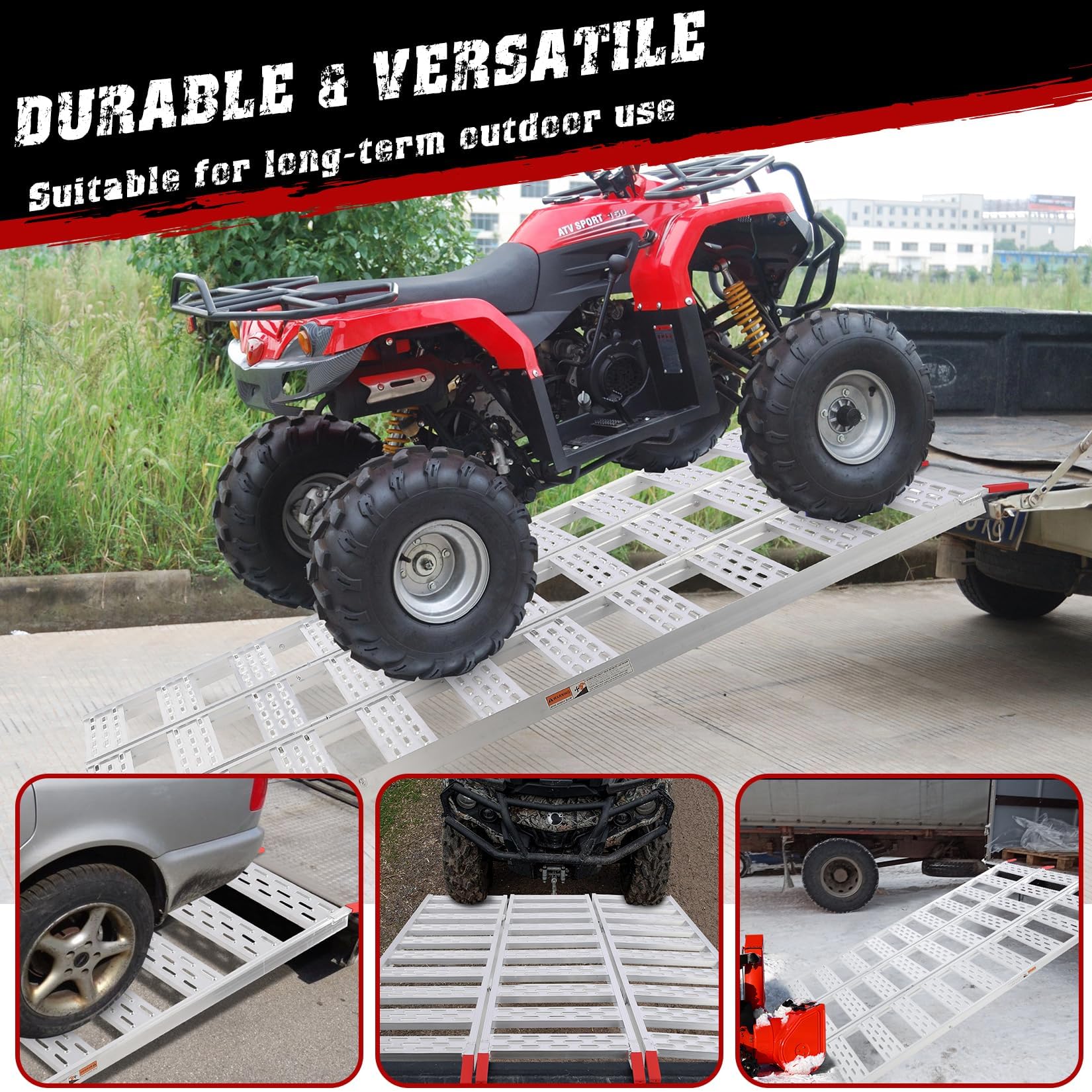 Garvee Rampe de Chargement tri-Pliable en Aluminium, Antidérapante et résistante à la Rouille, Capacité 680kg, avec Sangles de sécurité, pour Moto, Quad, UTV, Camion, remorque, Voiture, 193x127cm