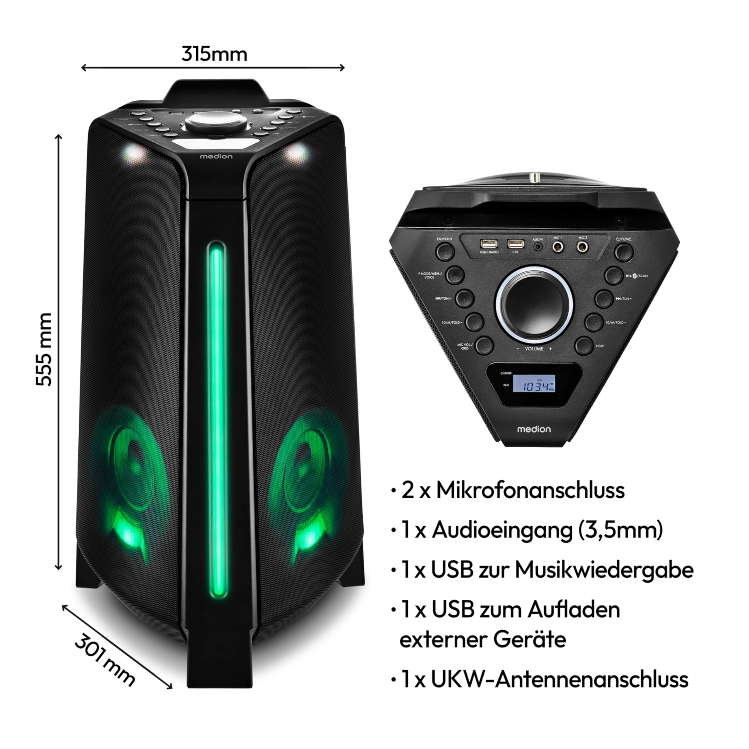 MEDION P61552 Party-Soundsystem (Partylautsprecher inkl. Mikrofon, Karaoke Partybox, Akku, Bluetooth, True Wireless Stereo, 2X 220 Watt, Lichteffekte, USB, AUX, 2X Mikrofonanschluss, Kompaktanlage)