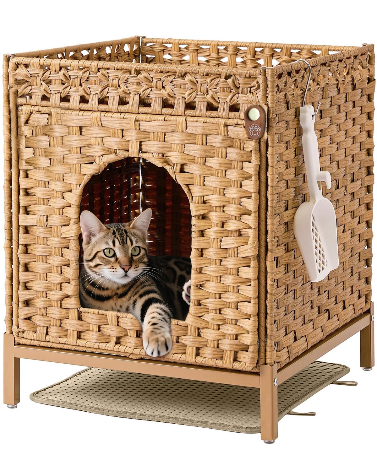 Mueble arenero Gatos Casa para Gatos, Muebles Ocultos con Patas de Metal elevadas, casa de ratán Trenzado a Mano con 2 Alfombra arenero Gato, 52 x 47 x 57 cm, Color Natural