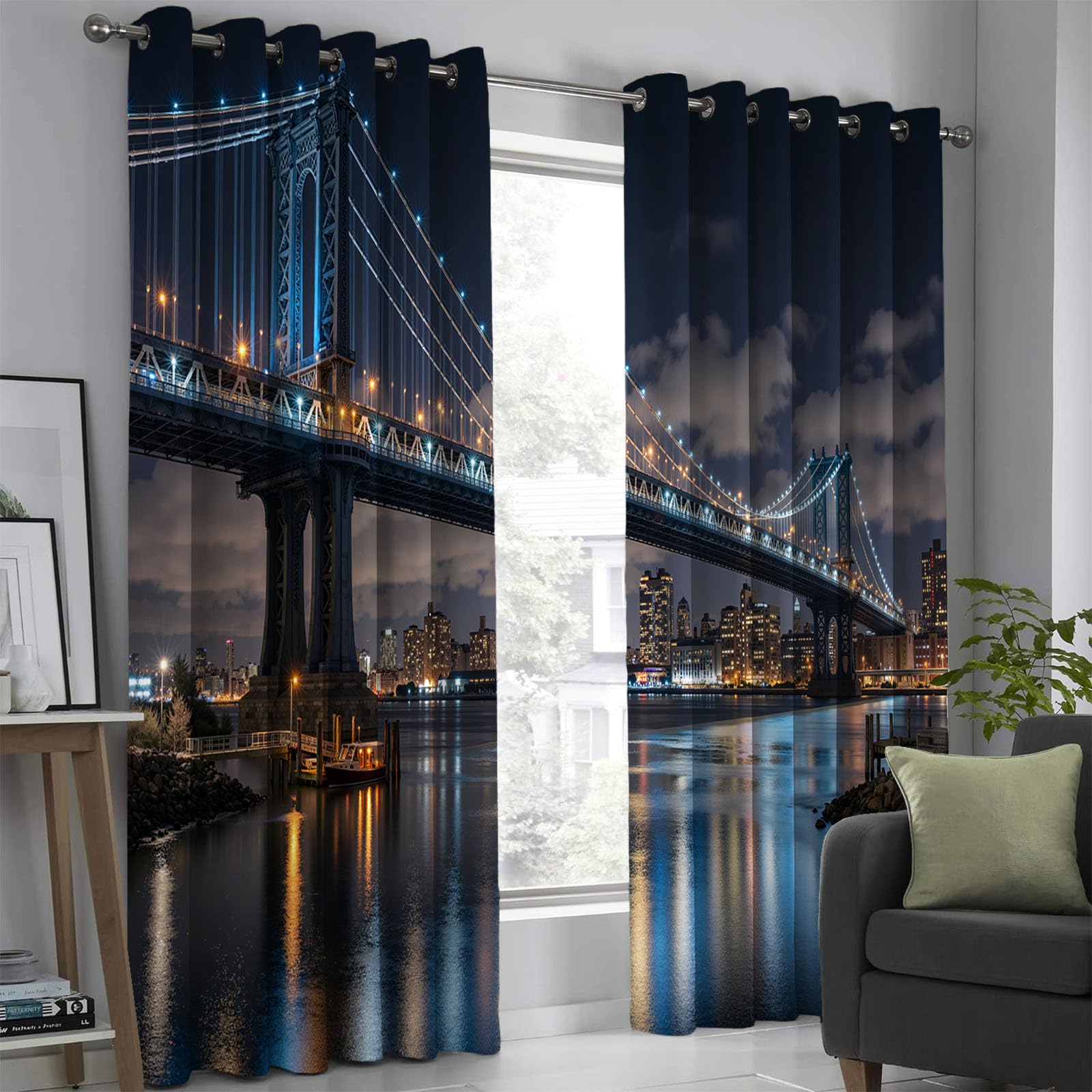 Rideau à oeillets pour cuisine et salon décor paysage de ville moderne