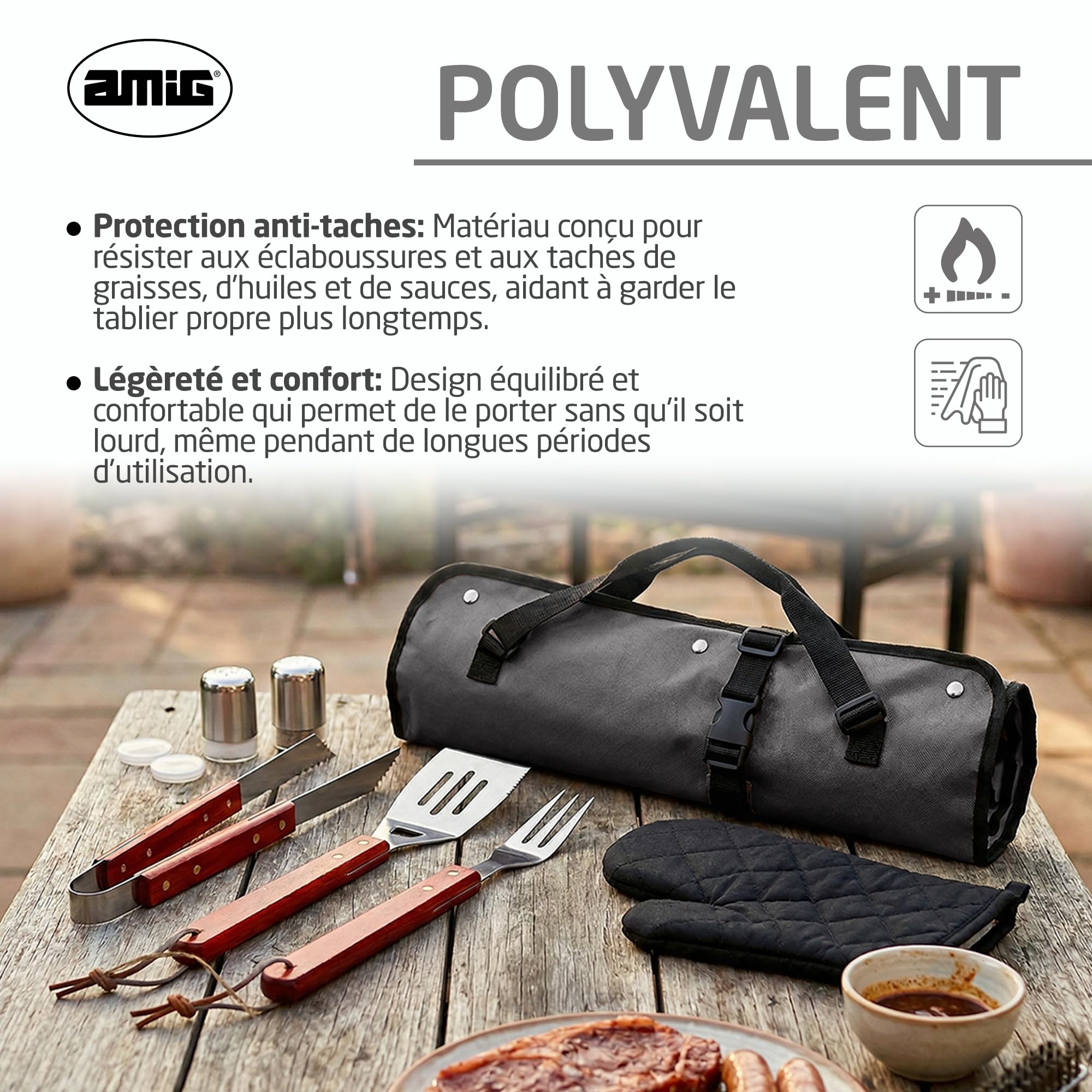 Amig - Tablier de Barbecue avec 7 Accessoires - Acier Inoxydable - Ensemble d'ustensiles BBQ - avec Poches - Accessoires Pratiques et présentation soignée pour Cadeau - Mod. AM17