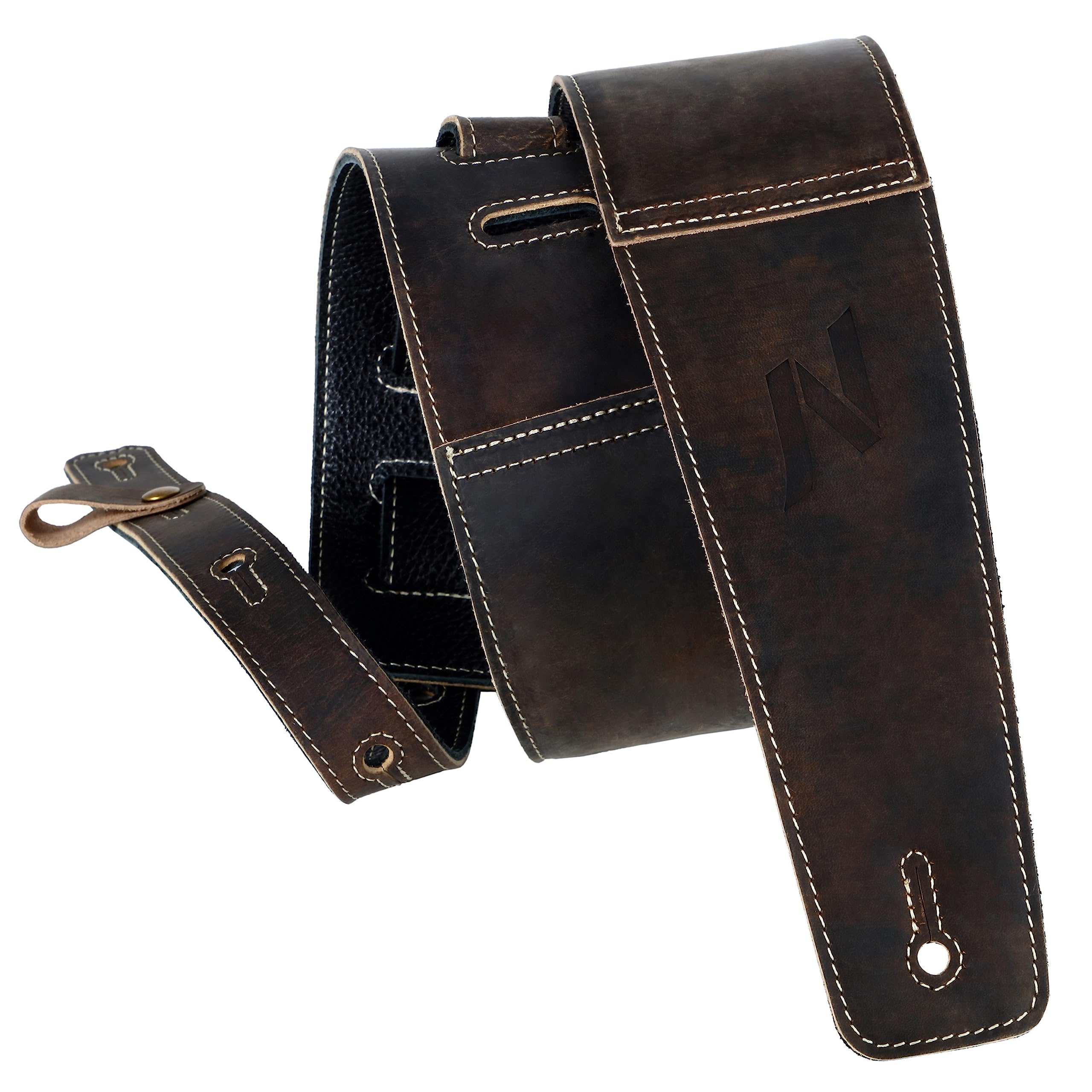 Nefelibata 3" Guitar Strap in First Layer Leather with Foam Padding and Cable Storage Loops for Bass, Electric and Acoustic Guitars (Gradient Brown)
