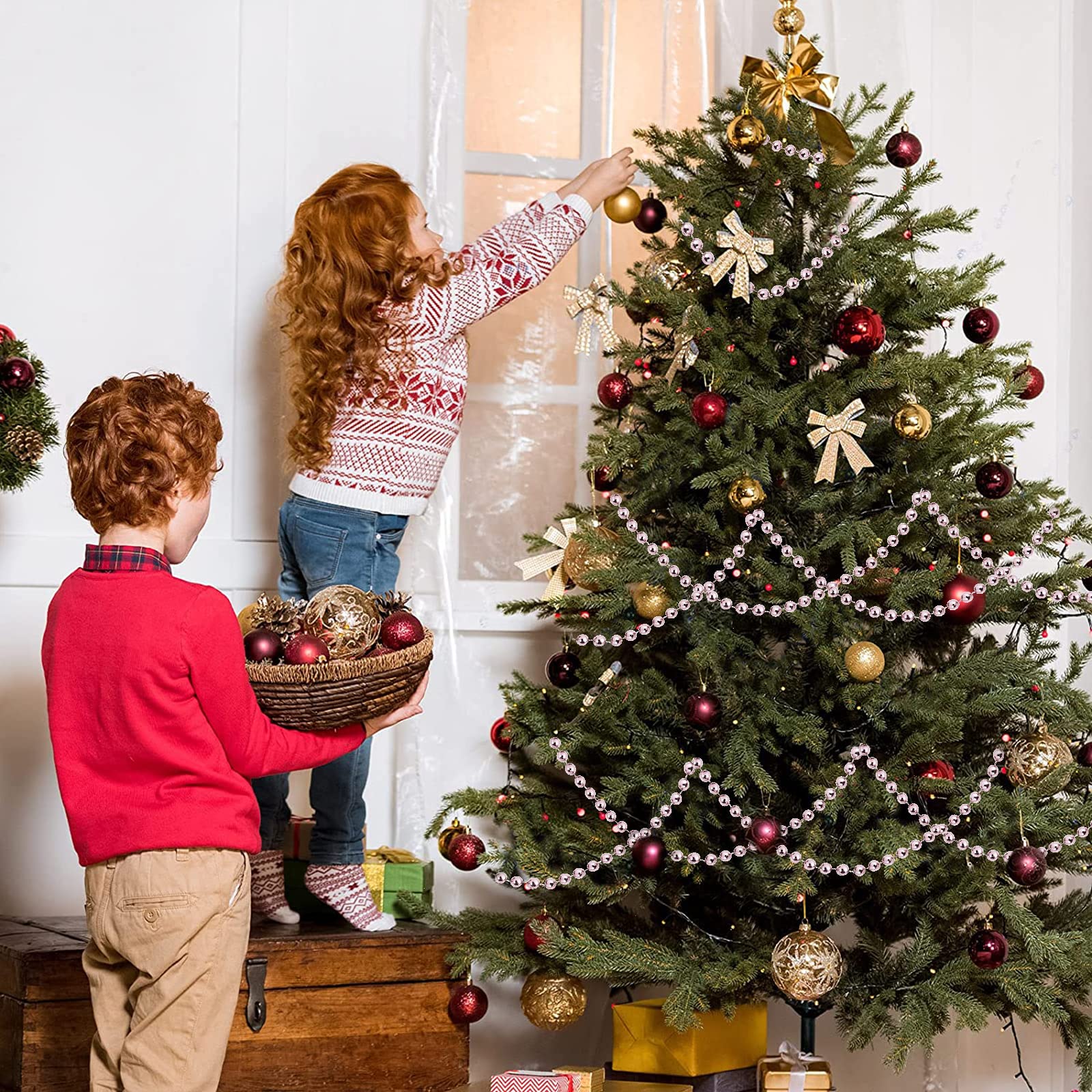 100 m lange Weihnachts-Perlen-Girlande, künstliche Perlen, Girlande, Weihnachtsbaumgirlande, Kettendekorationen für Weihnachtsbaum, Urlaub, Hochzeit, DIY-Dekoration, Zubehör (Rosa)