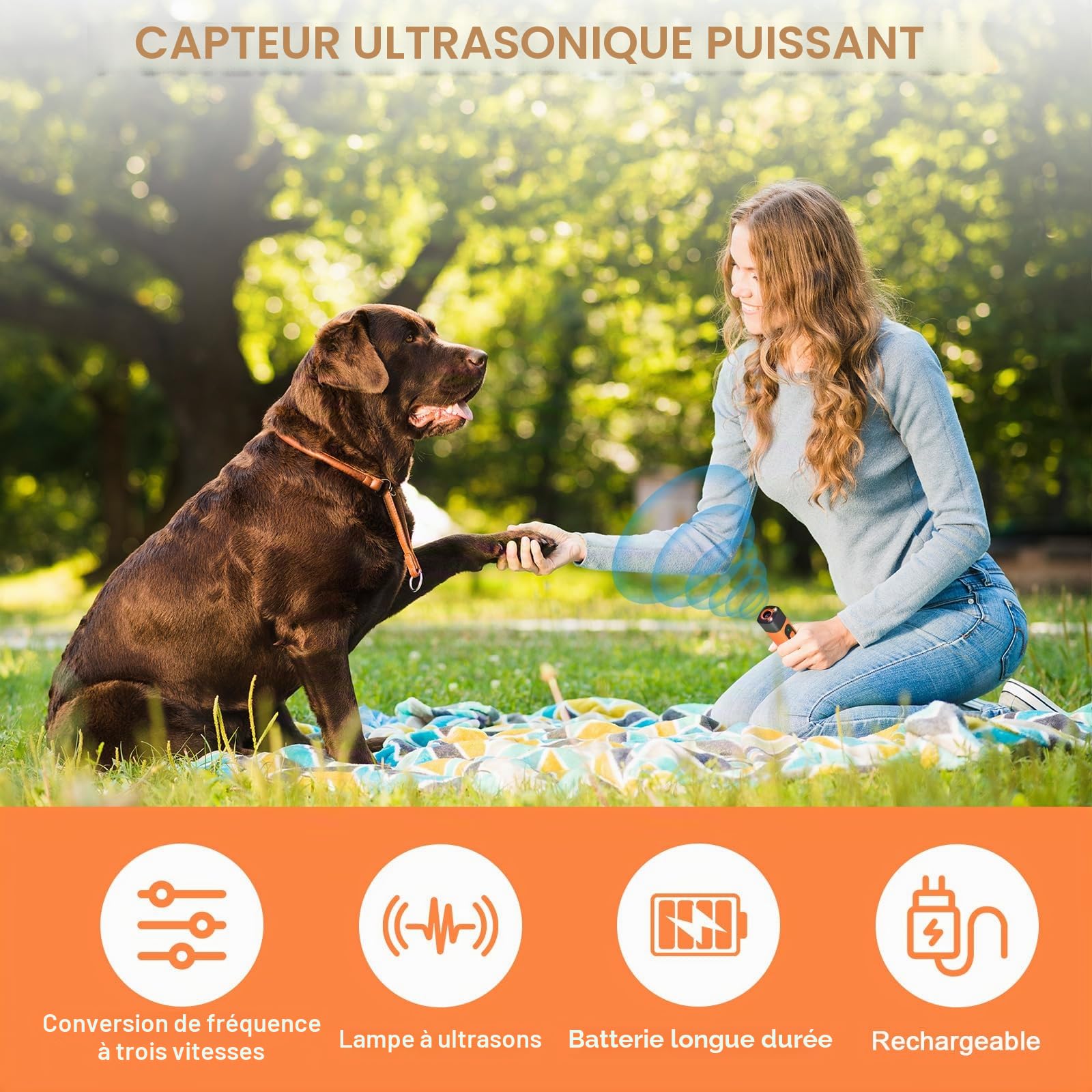 Dispositif Anti-Aboiement pour Chiens,Appareil contrôle Anti-Aboiement à ultrasons,Anti Aboiement Chien Ultrason Rechargeable,avec 3 fréquences réglables,pour Chiens Petite,Moyenne et Grande