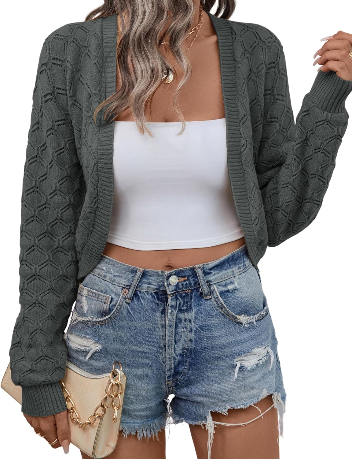 LOMON Womens Cropped Cardigan Bolero Shrugs for Dresses Knit Open Front Long Sleeve Sweater