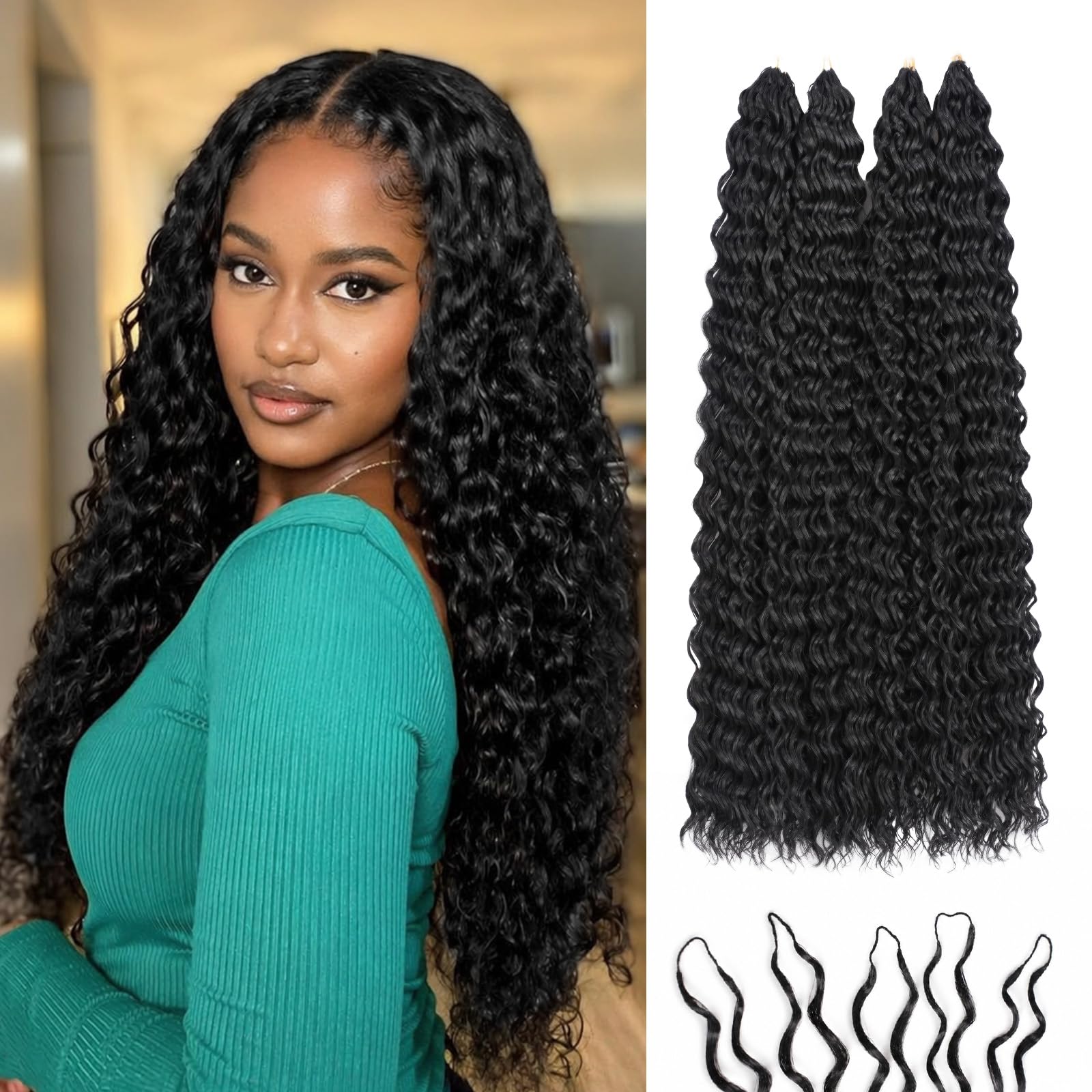 miracle knots feather crochet hair (deep wave) - 20" hand-tied synthetic extensions, 100 strands soft cotton core glue-free knotless hair pieces (natural black)
