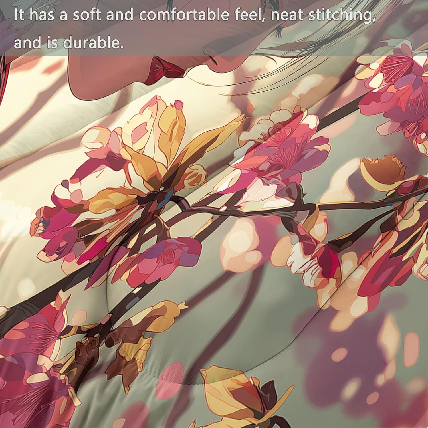 Art Kimono Cherry Blossoms Comforter Set Queen Size, Red Bedding for Kids Boys Girls, Duvet Soft Warm Bedding Sets Bedroom Decor 3Pcs