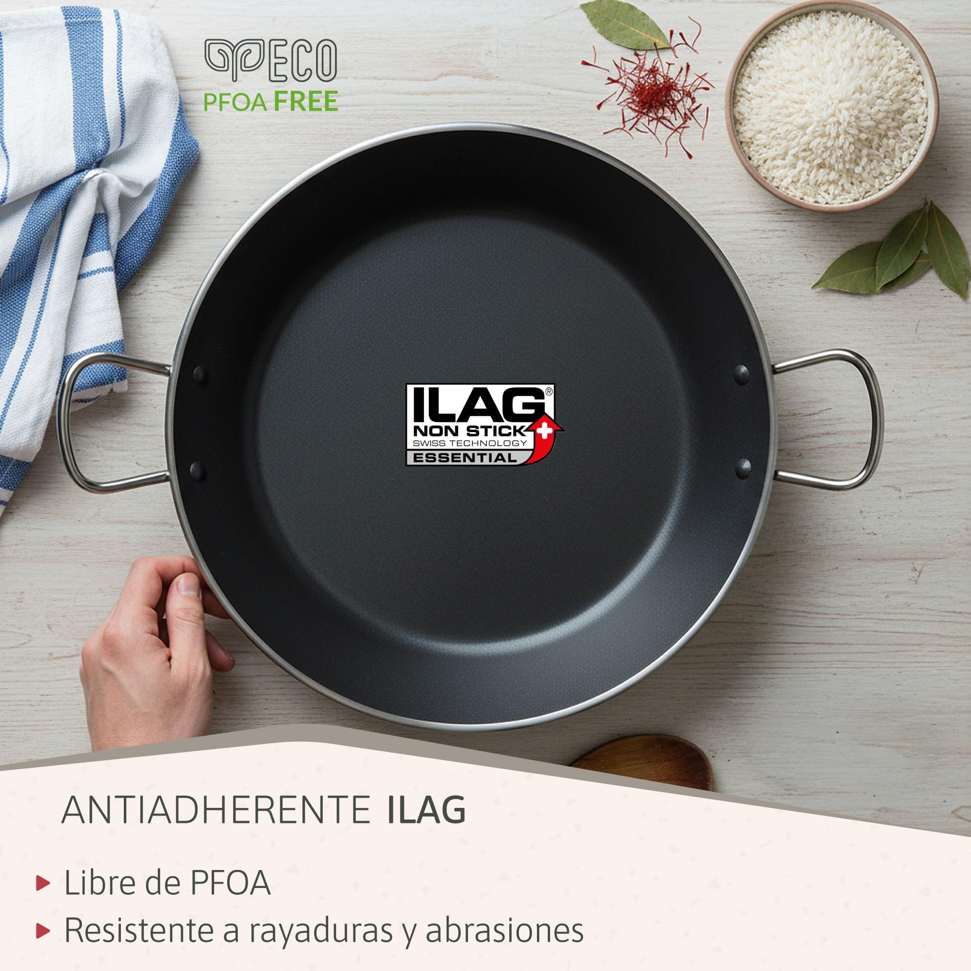 briebe Zafrán Paellera Inducción 38 cm, 7-8 Raciones de Paella, Antiadherente ILAG Ecológico sin PFOA, 3 mm Espesor, Aluminio Prensado, Apta Todas las Cocinas, Vitrocerámica, Gas, Horno