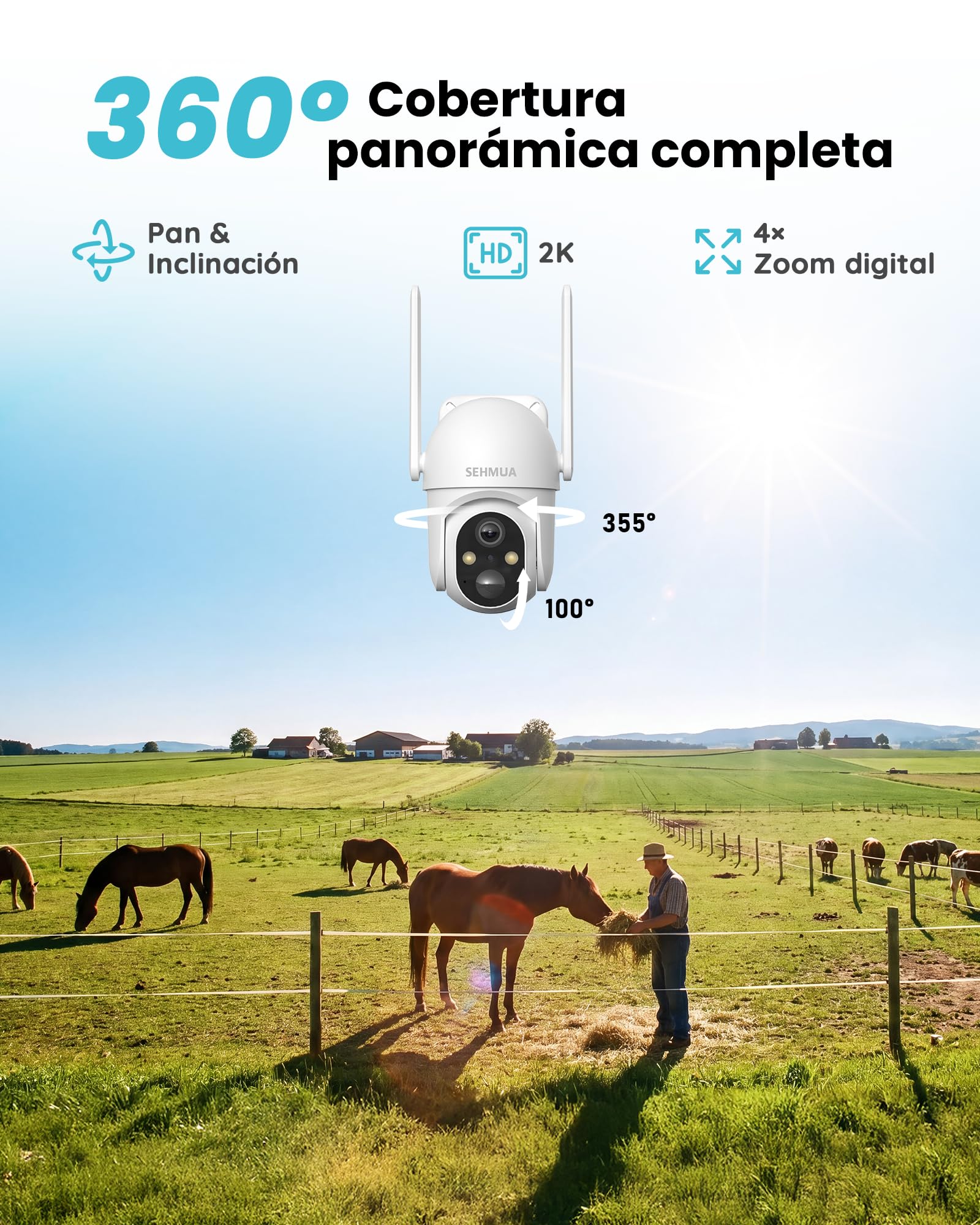 SEHMUA 4G LTE Camara Vigilancia Exterior Solar con Tarjeta SIM sin Internet | 24/7 AOV Camara Exterior Solar con Panel Solar 7W, Detección Humana IA 20M, Audio Bidireccional, Visión Nocturna Color, eSIM