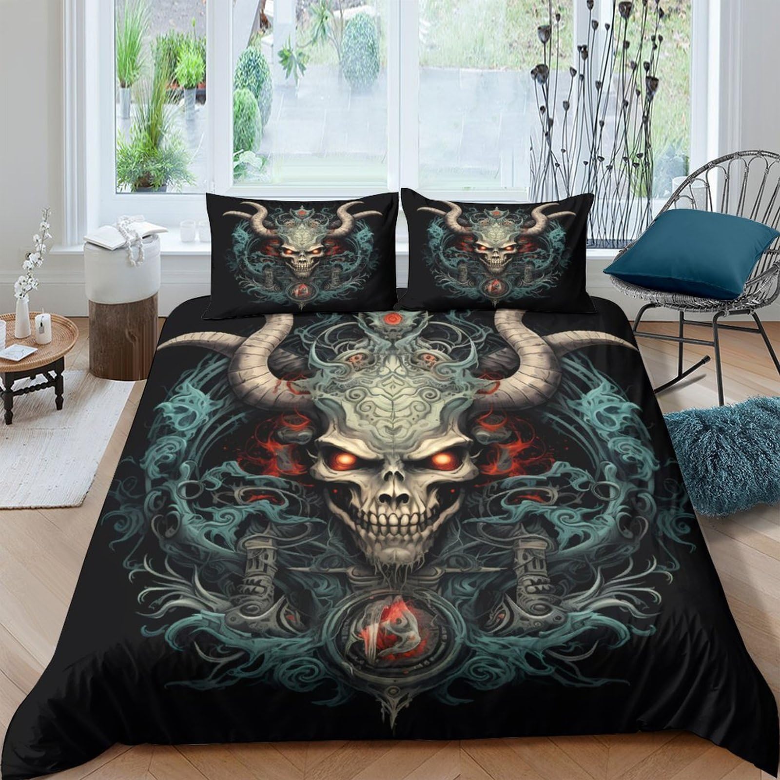 Ctjqhvkz Style-10 3D Printed Skull Demon Fitted Sheet Microfiber Black Gothic Flame Bed Cover For Bedroom Guest Room Decor Single（135X200cm）