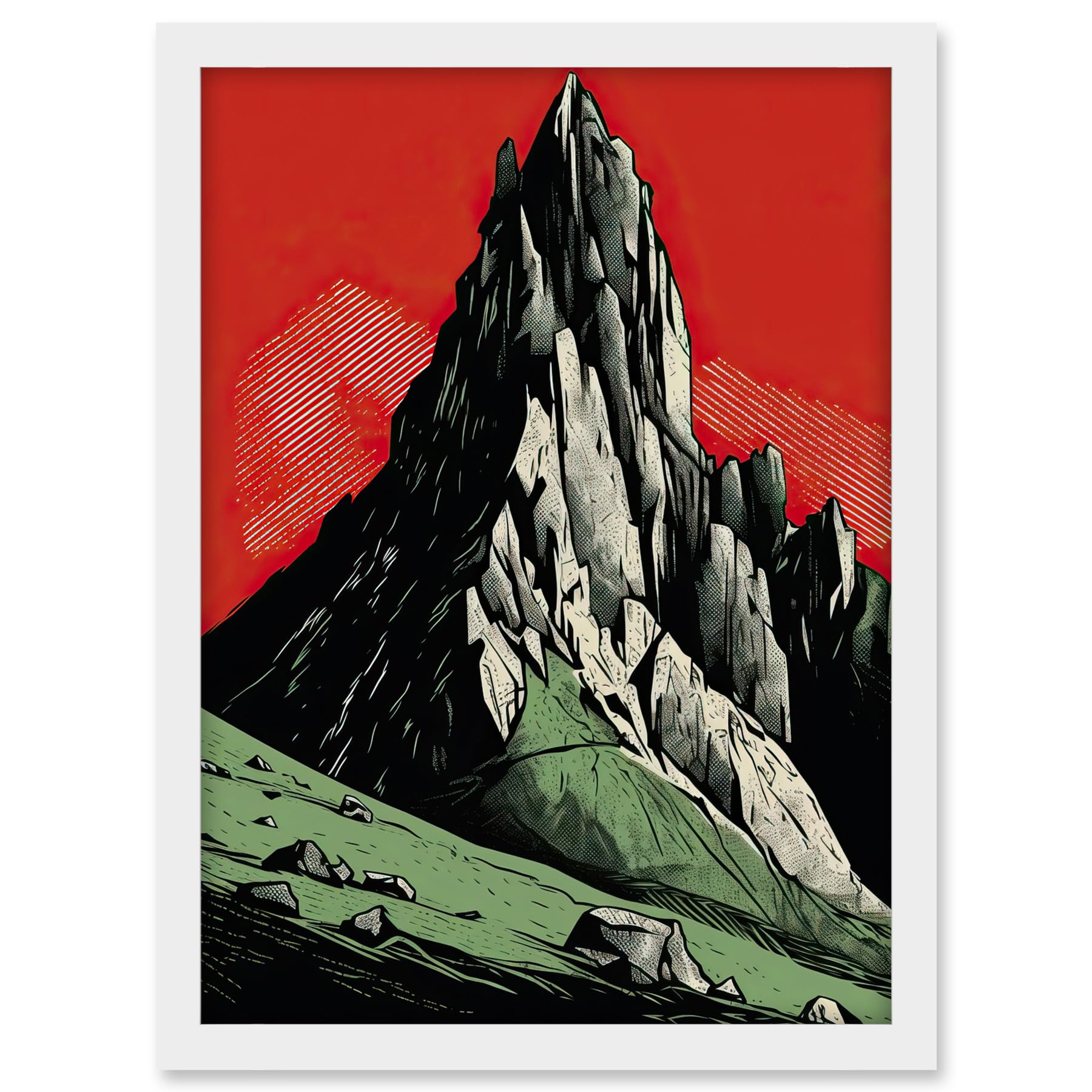 Artery8 Tryfan Mountain Peak Bold Linocut Illustration Artwork Framed A3 Wall Art Print