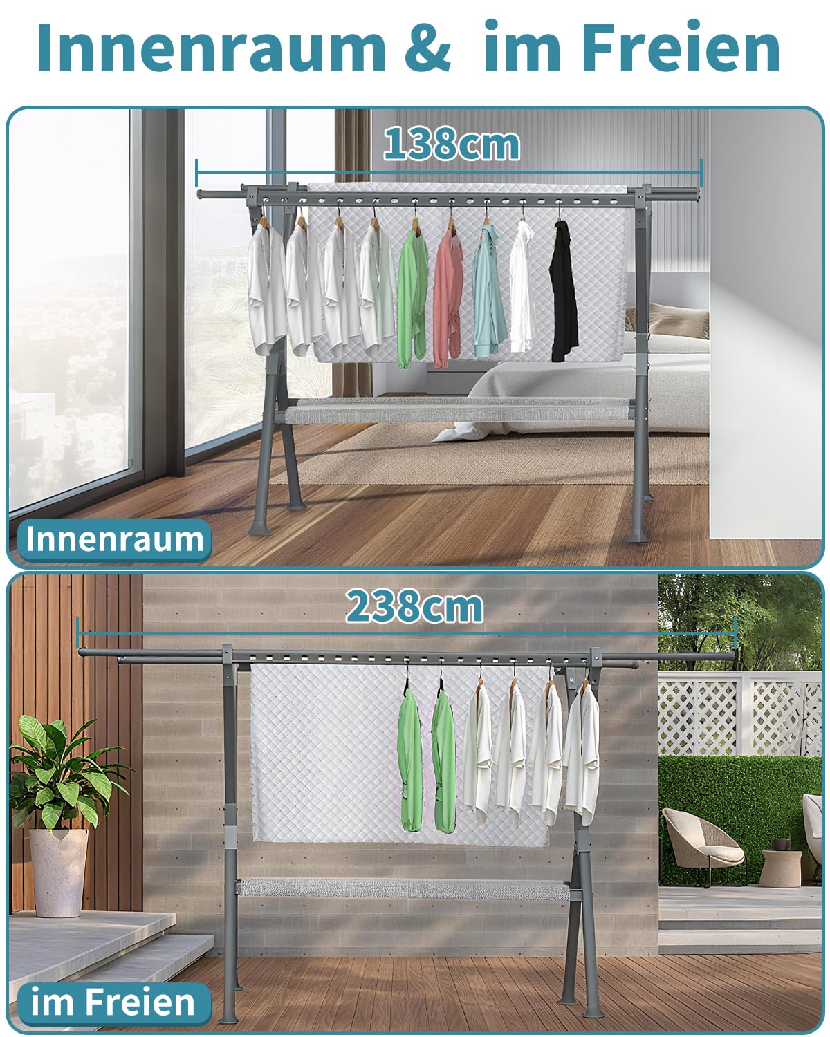 OUUTMEE Tendedero plegable de 138-238 cm, perchero de ropa de aleación de aluminio y magnesio para uso doméstico en interiores y exteriores, extensible