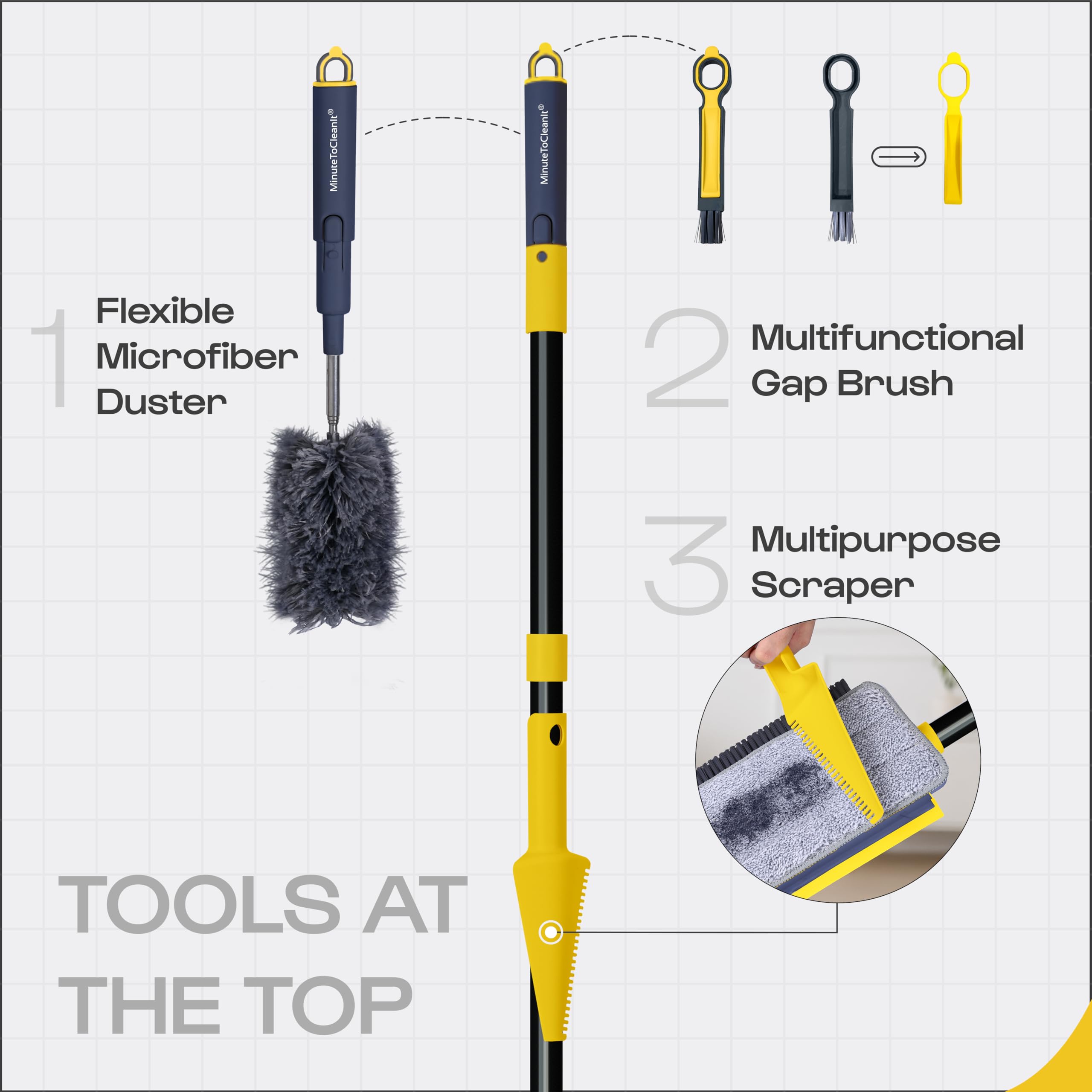 MinuteToCleanIt 6-in-1 Floor Cleaning Kit – Microfiber Mop with Wiper, Jhadu, Scraper, Duster & Gap Brush – Wet & Dry Pocha Set with 360° Rotation, Stainless Steel Handle for Home, Kitchen, Bathroom 2