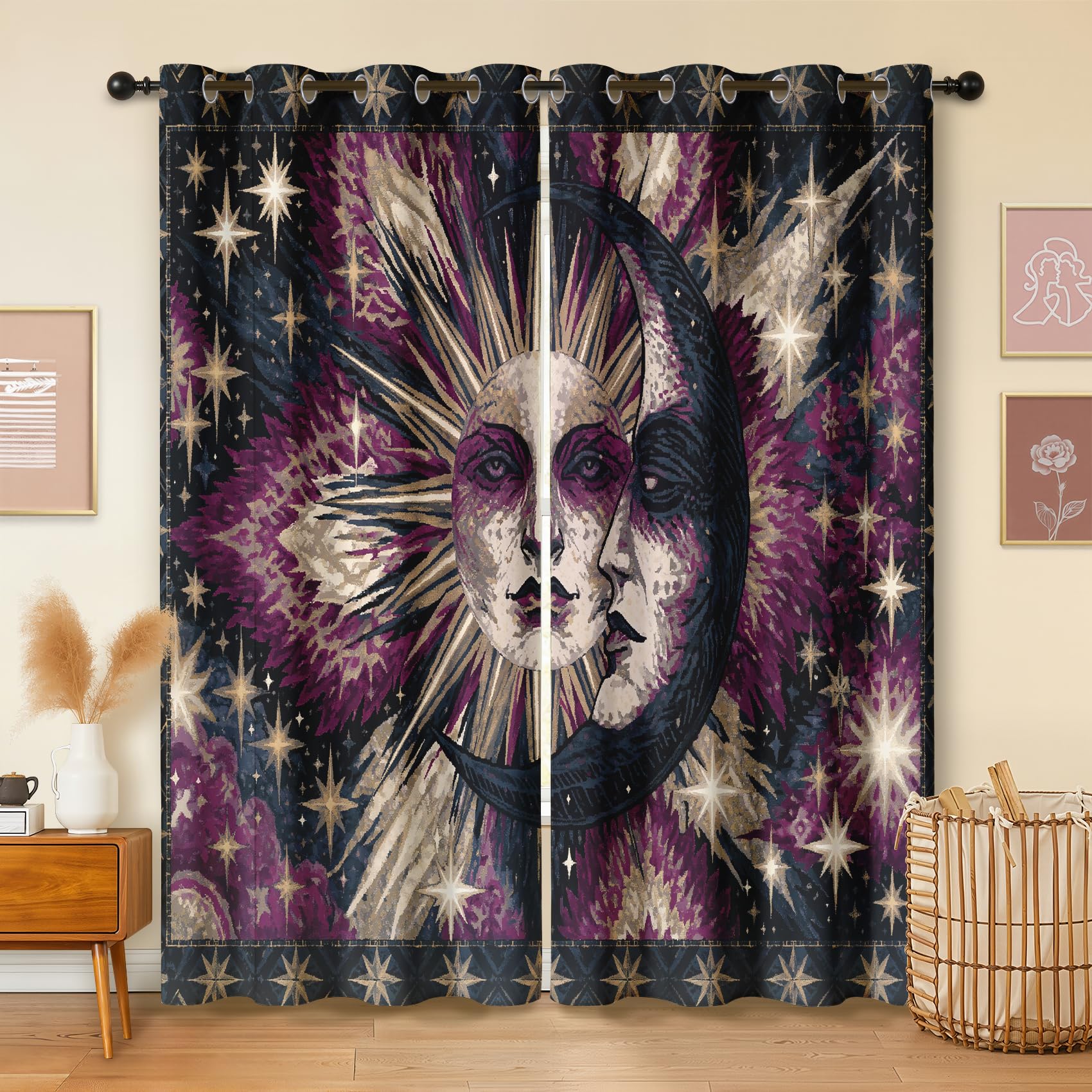 Havenix Celestial Sun Moon Blackout Curtains for Bedroom Living Room, Eyelet Curtains 274cm Drop, Thermal Insulated Drapes for Windows, Purple Black Gothic Witchy Window Treatments, 2 Panels